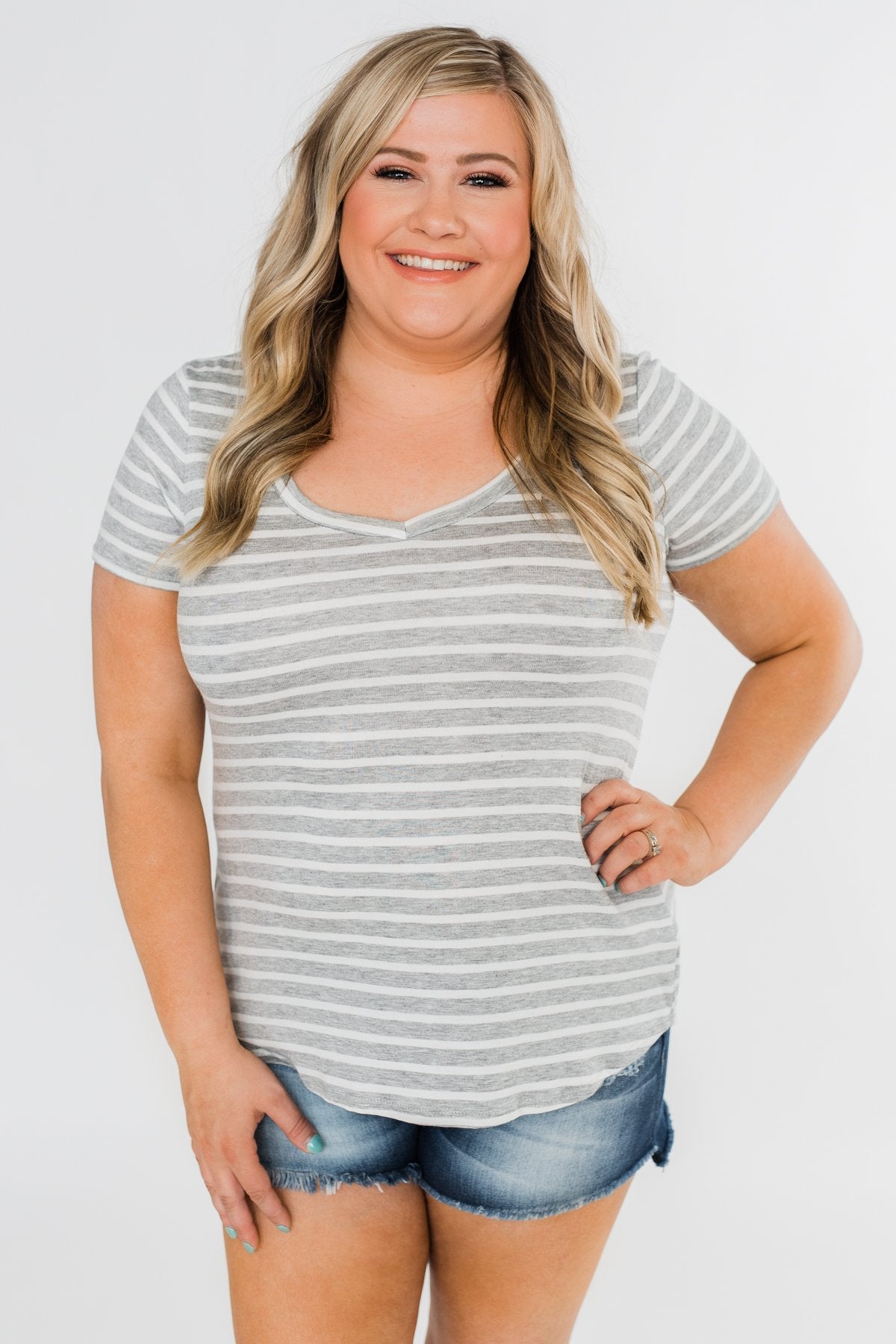 Heather Grey & White Striped V-Neck Top