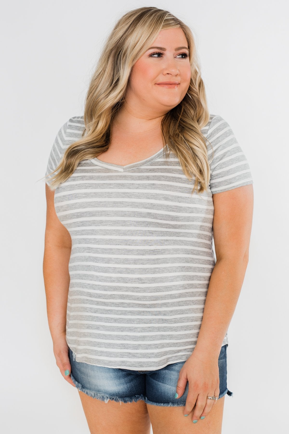 Heather Grey & White Striped V-Neck Top