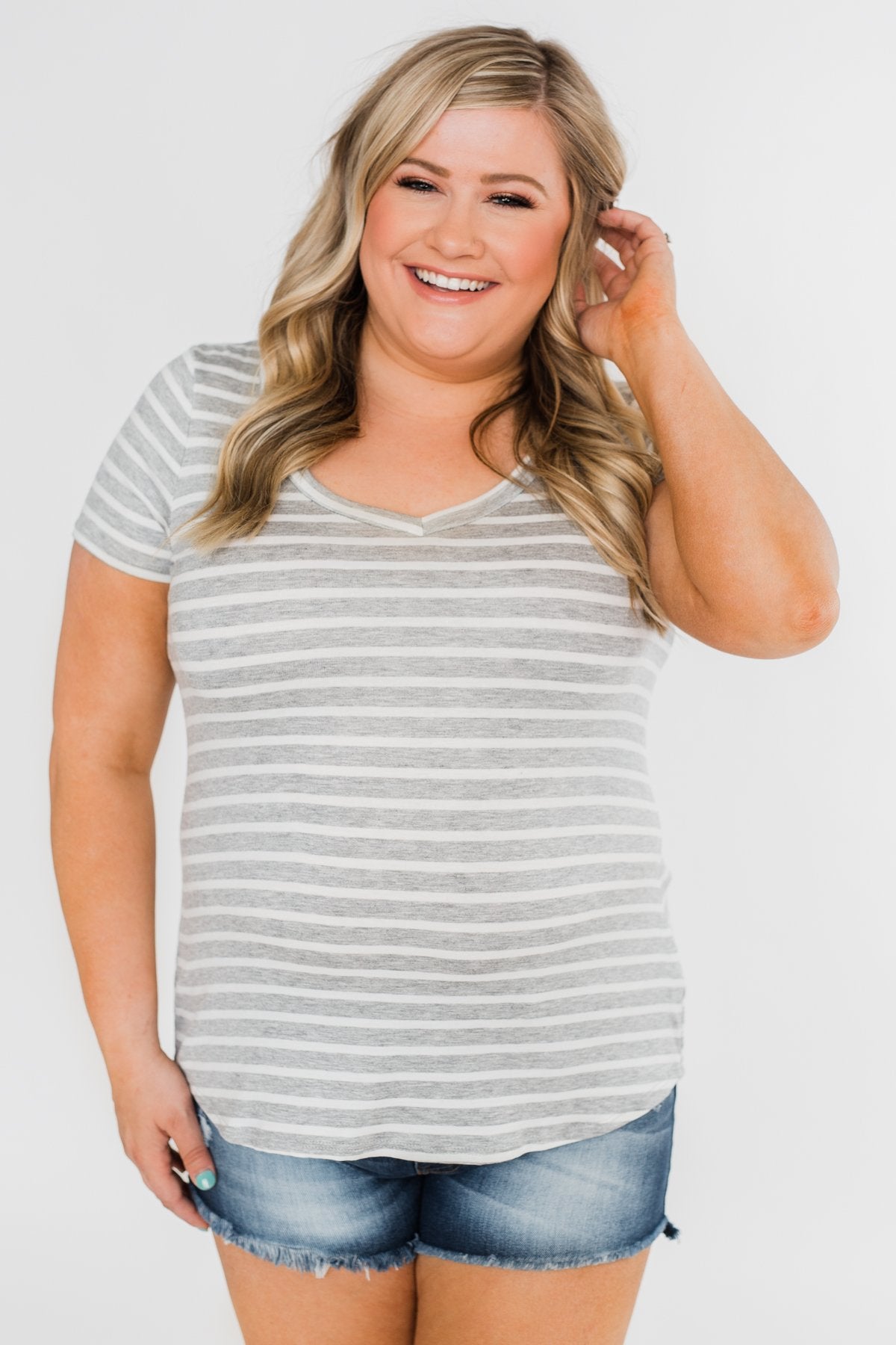 Heather Grey & White Striped V-Neck Top
