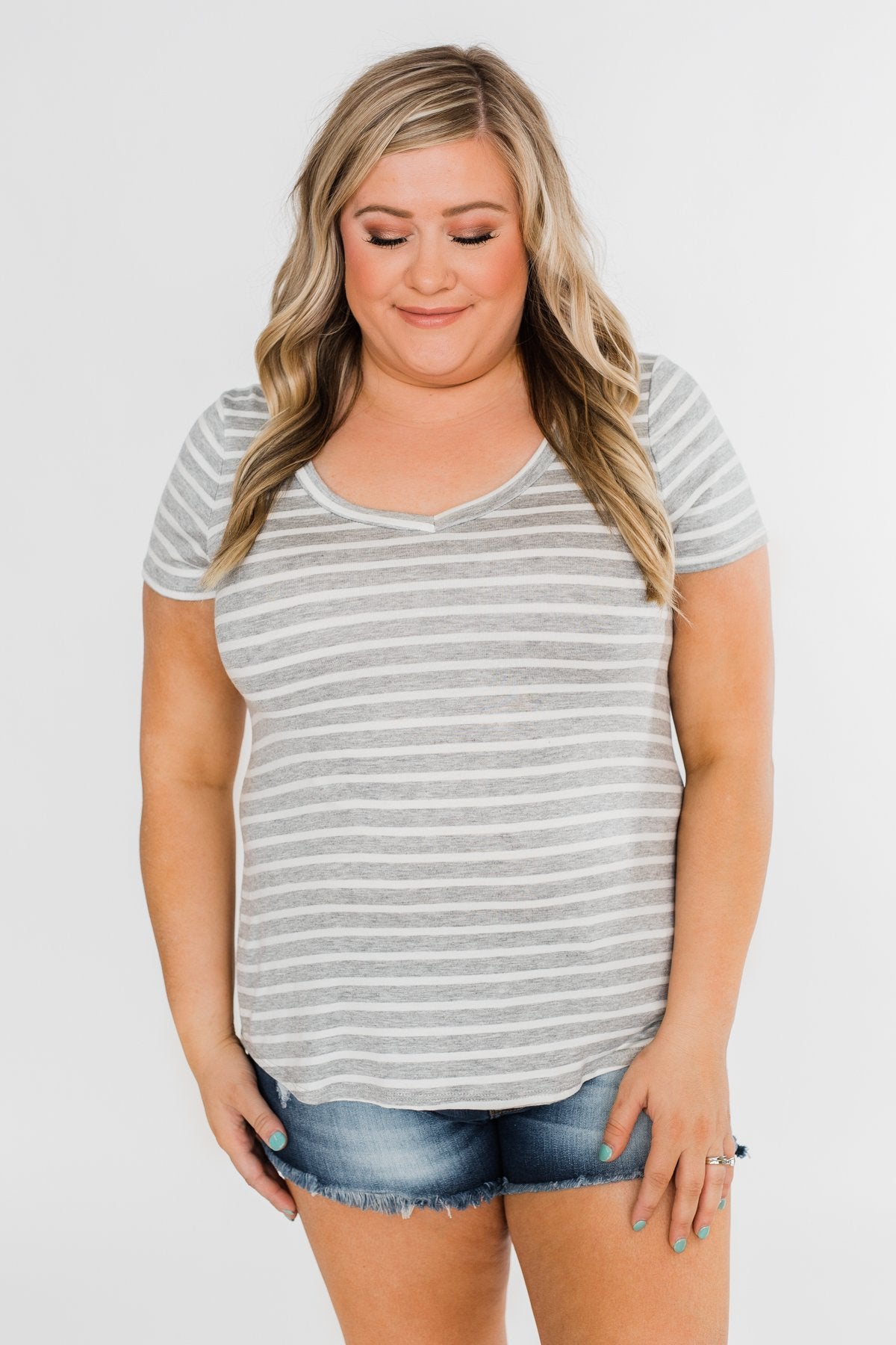 Heather Grey & White Striped V-Neck Top