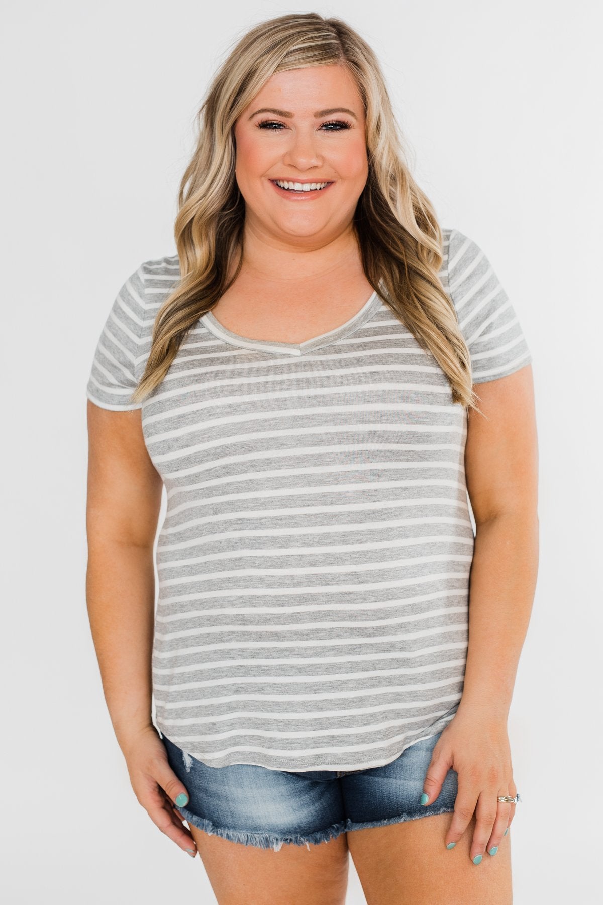 Heather Grey & White Striped V-Neck Top