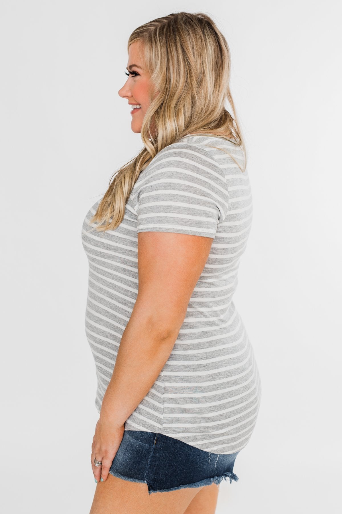 Heather Grey & White Striped V-Neck Top