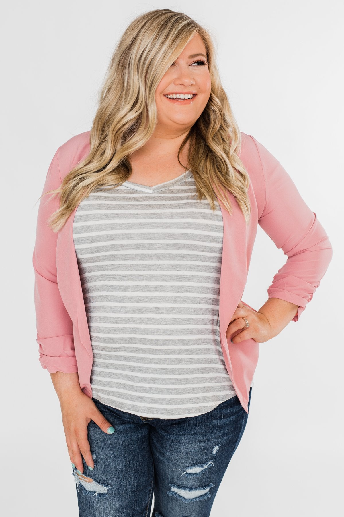 Heather Grey & White Striped V-Neck Top