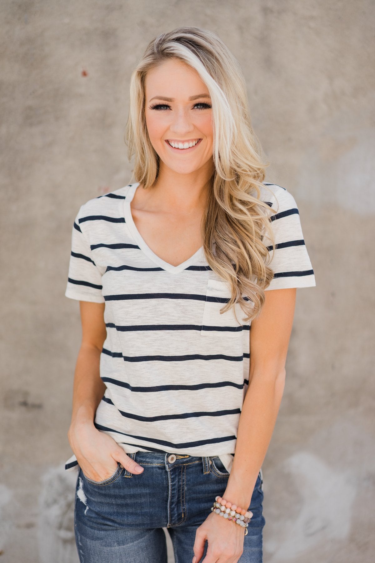 Side to Side Striped Pocket Top- Navy
