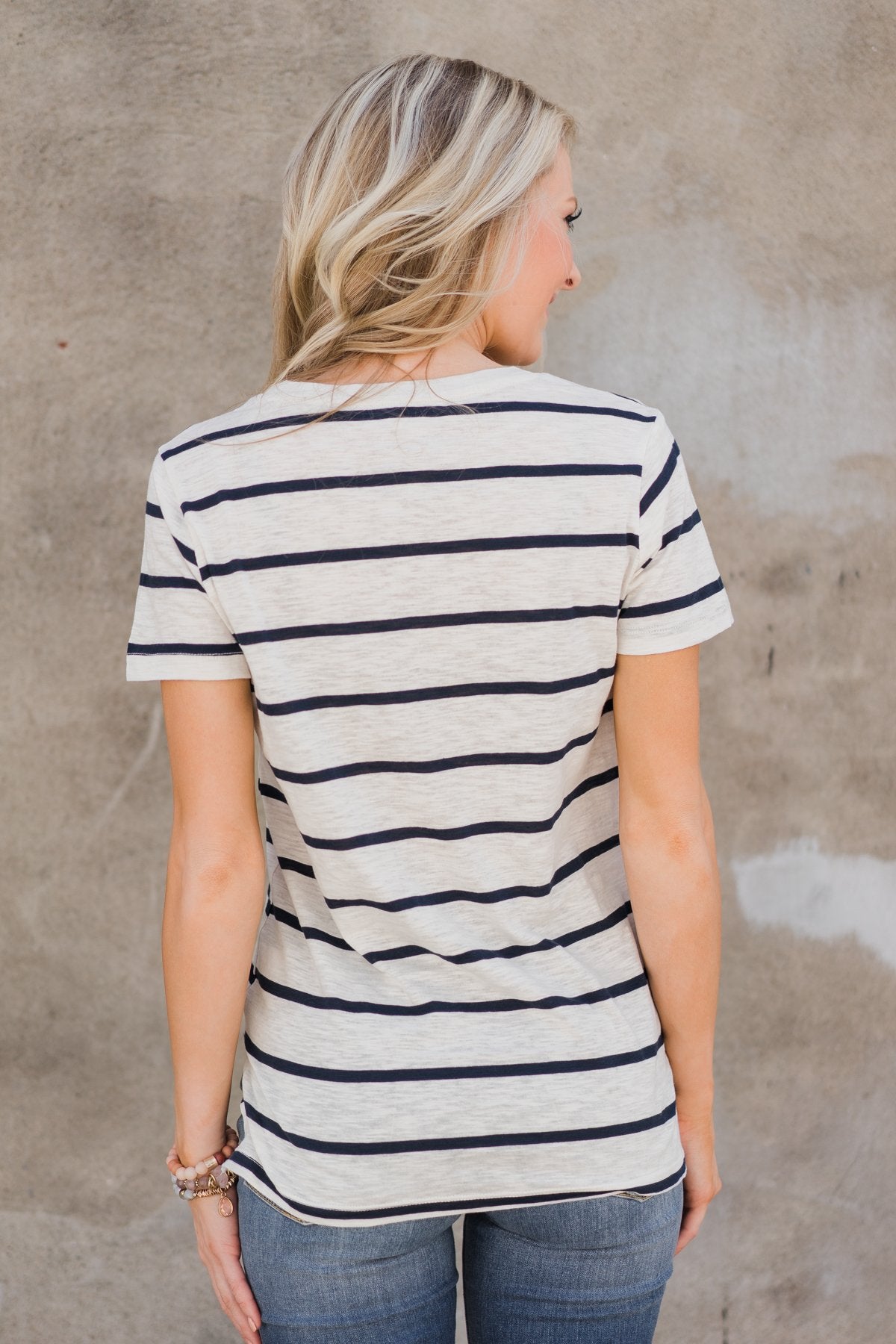 Side to Side Striped Pocket Top- Navy