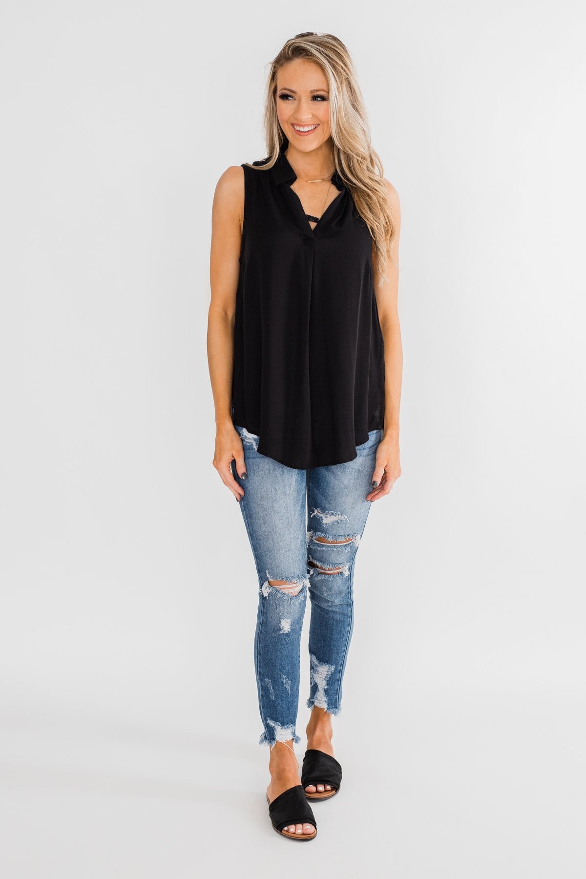 Taking Chances Collar Tank Top- Black