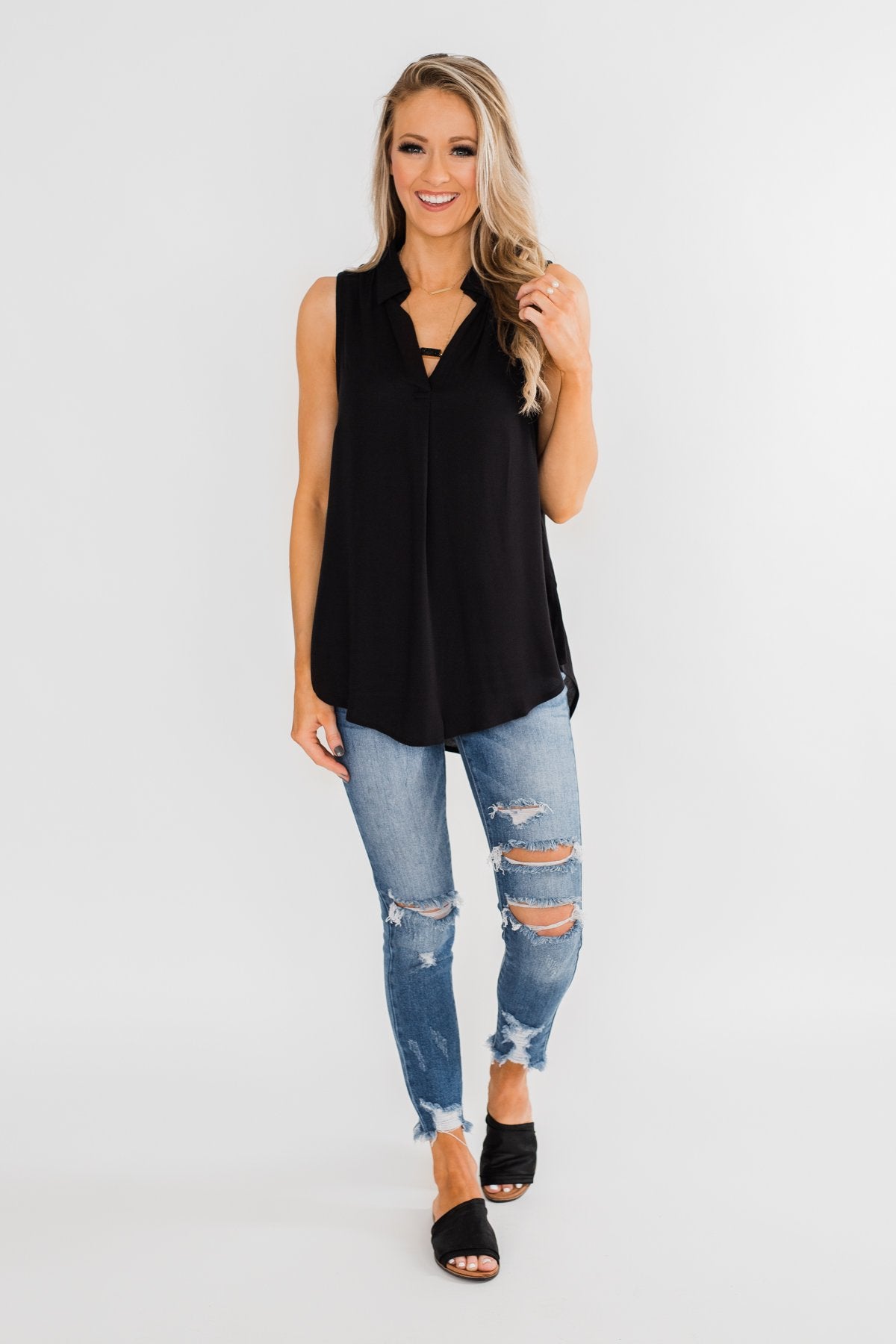 Taking Chances Collar Tank Top- Black