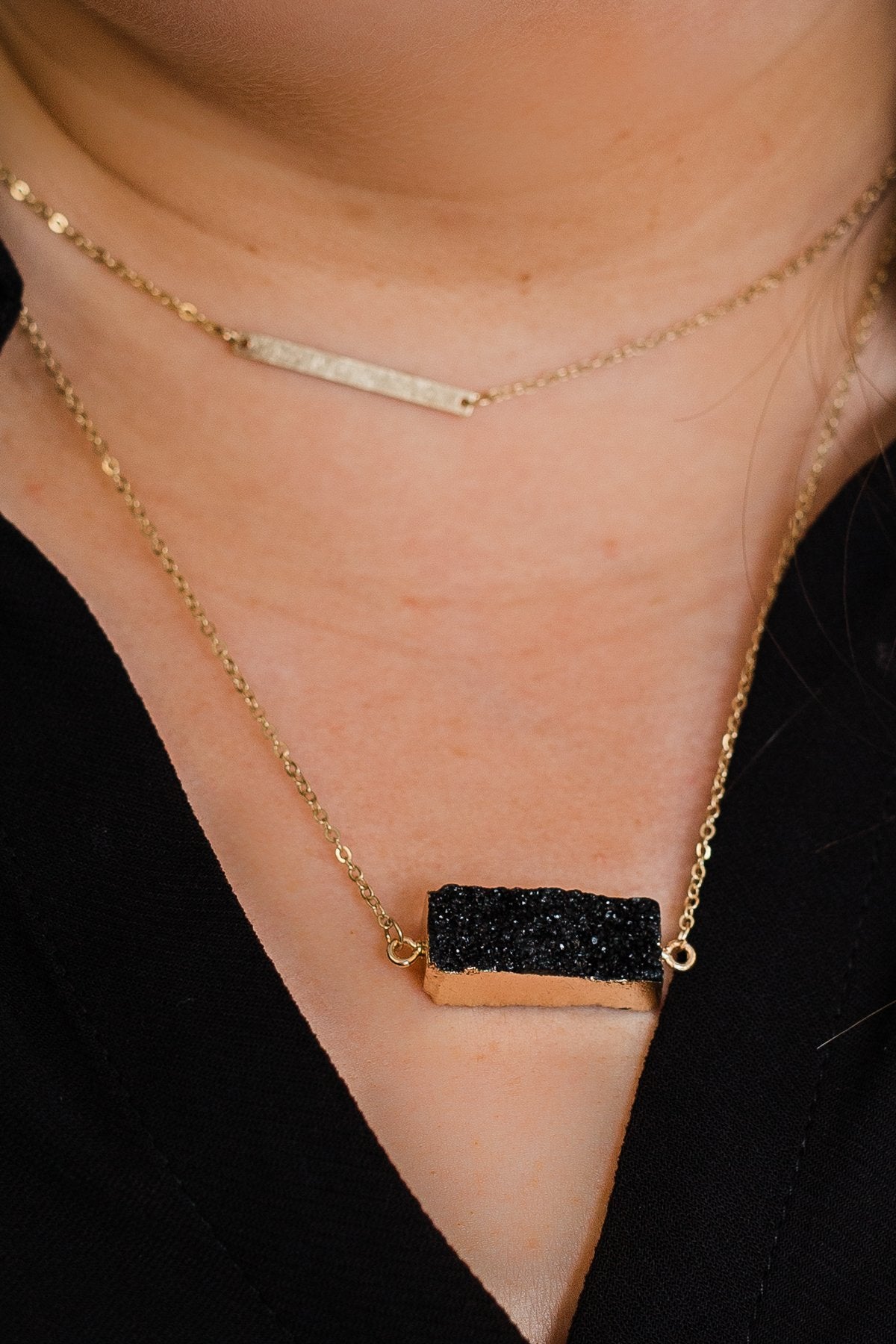 Gold Bar & Rectangle Stone Necklace- Black