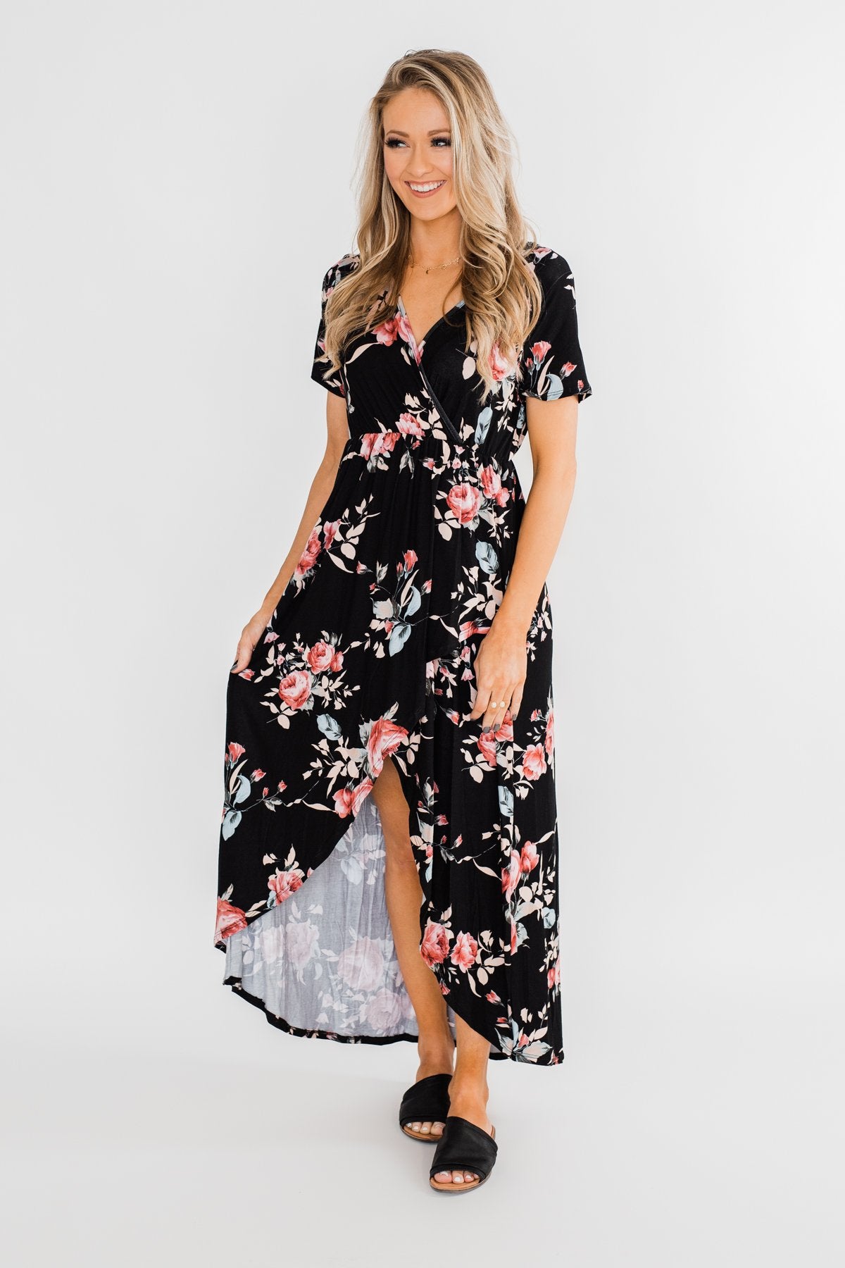 Promise To Keep Hi-Low Floral Maxi Dress- Black