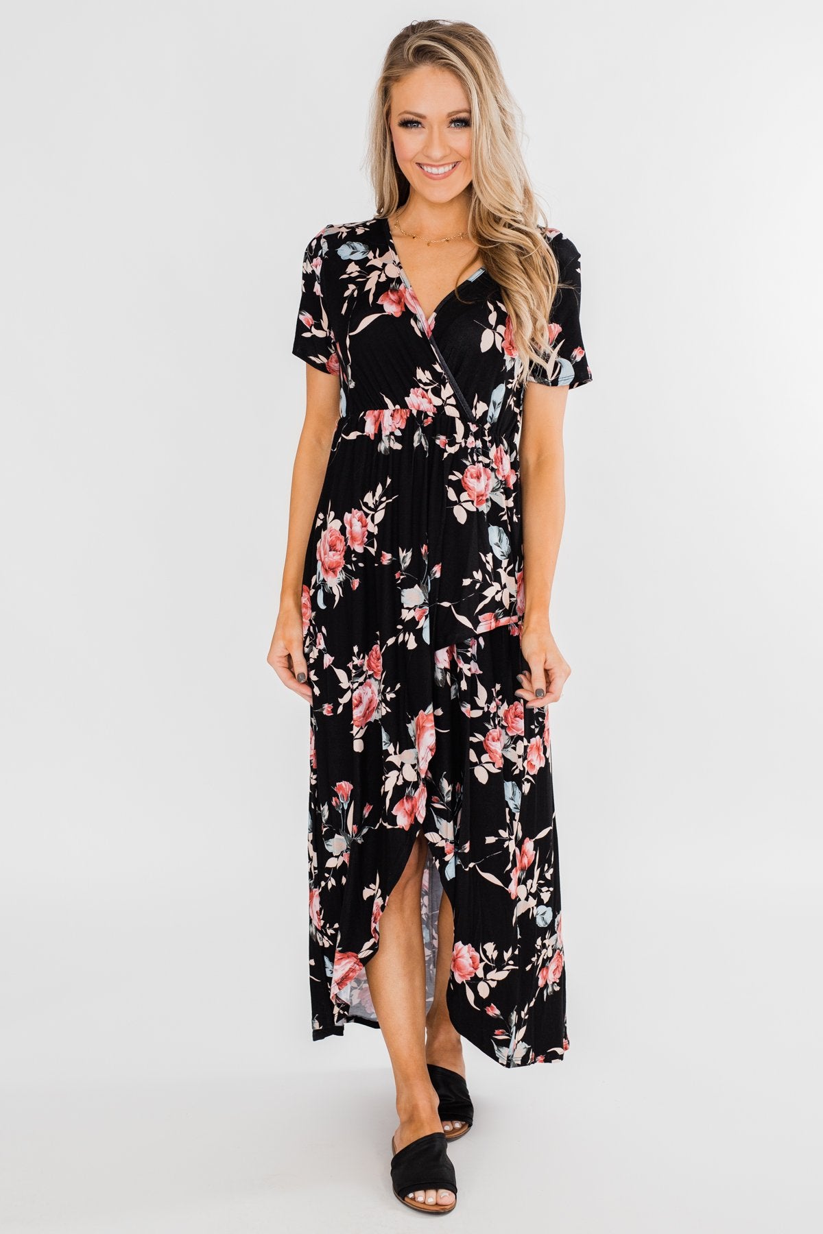 Promise To Keep Hi-Low Floral Maxi Dress- Black