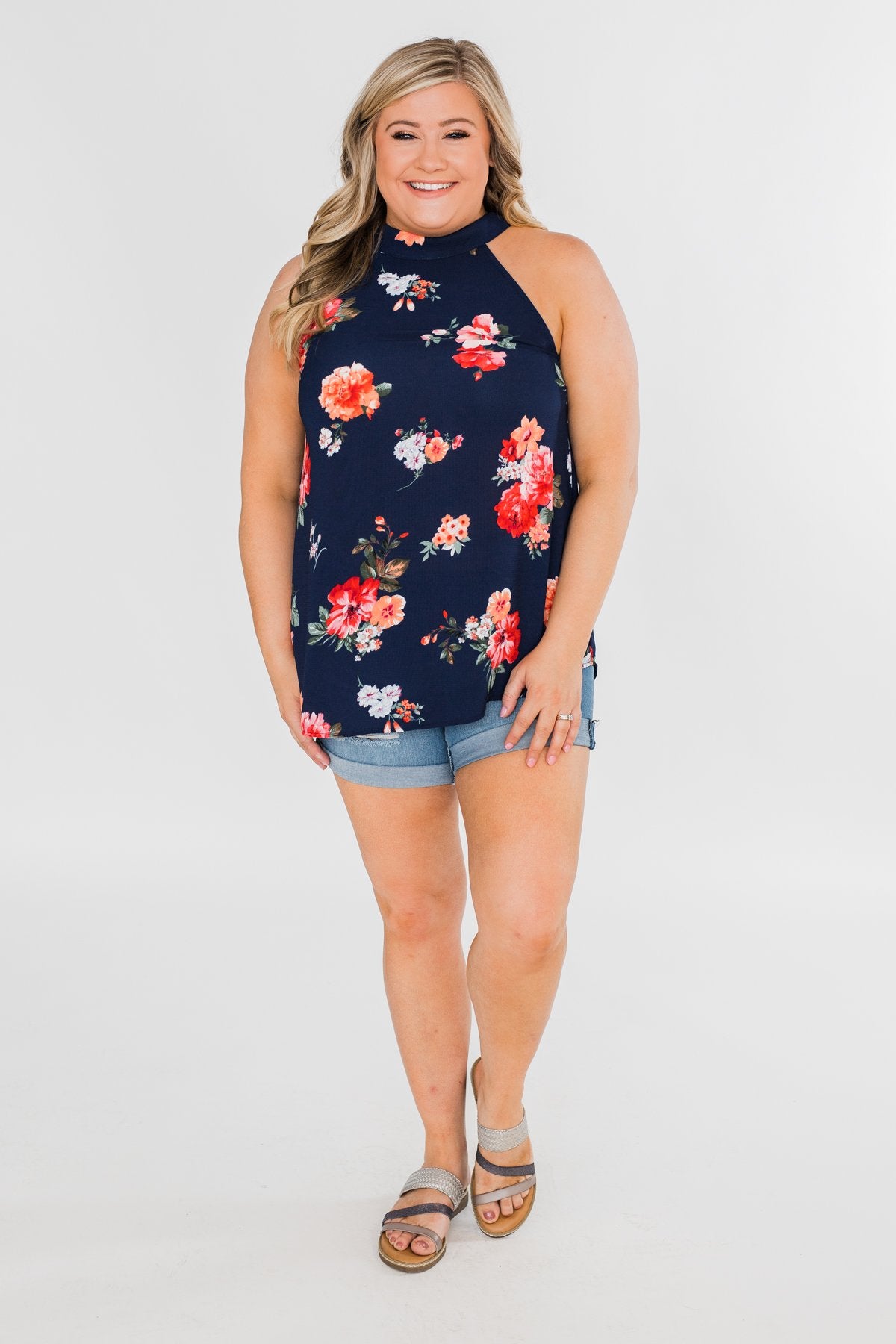 Flourish in Floral Halter Tank Top- Navy