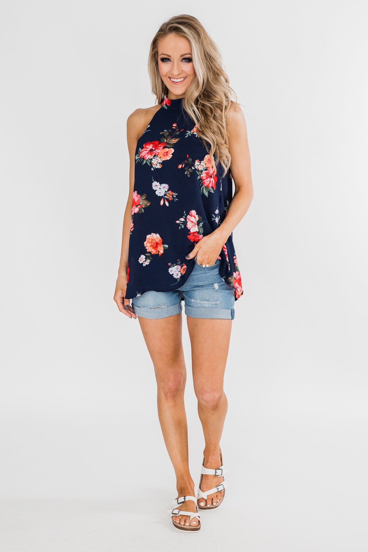 Flourish in Floral Halter Tank Top- Navy