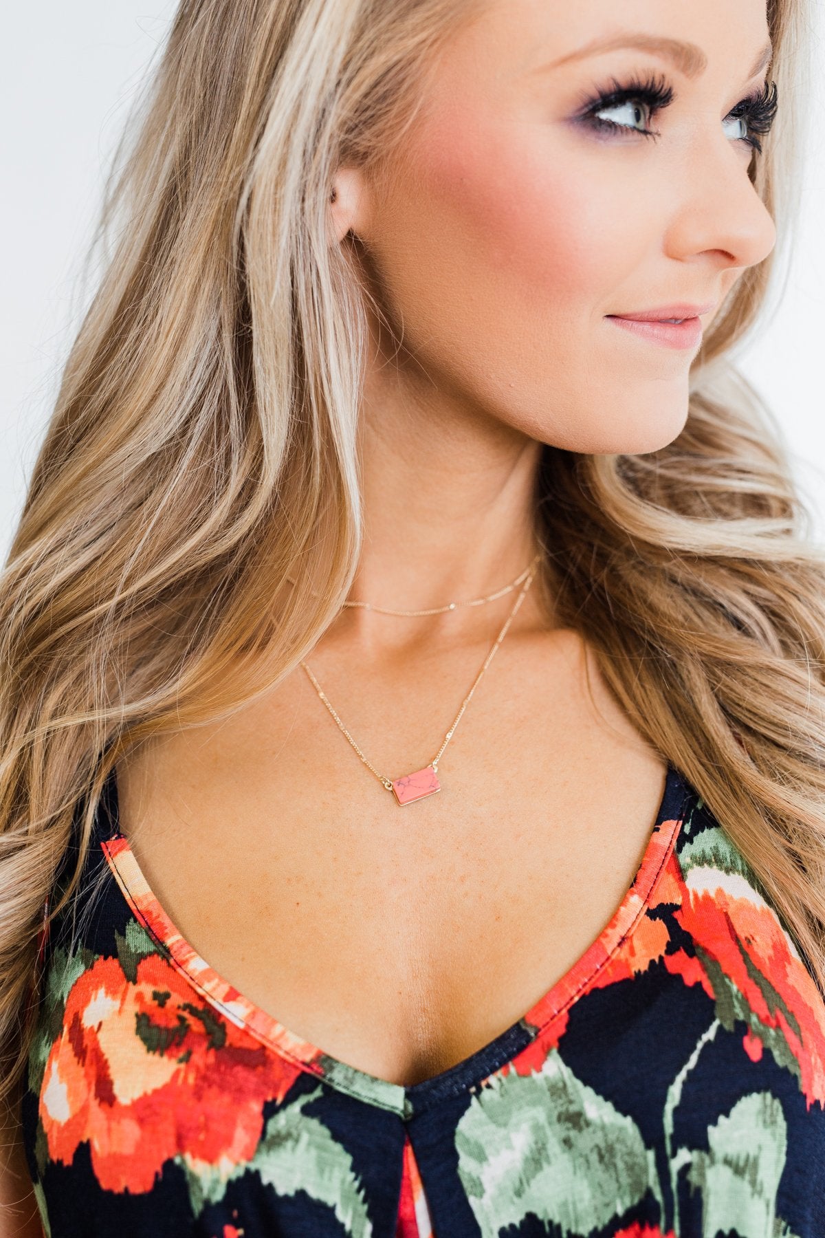 2 Tier Rectangle Marble Stone Necklace- Coral