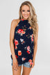 Flourish in Floral Halter Tank Top- Navy