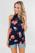 Flourish in Floral Halter Tank Top- Navy