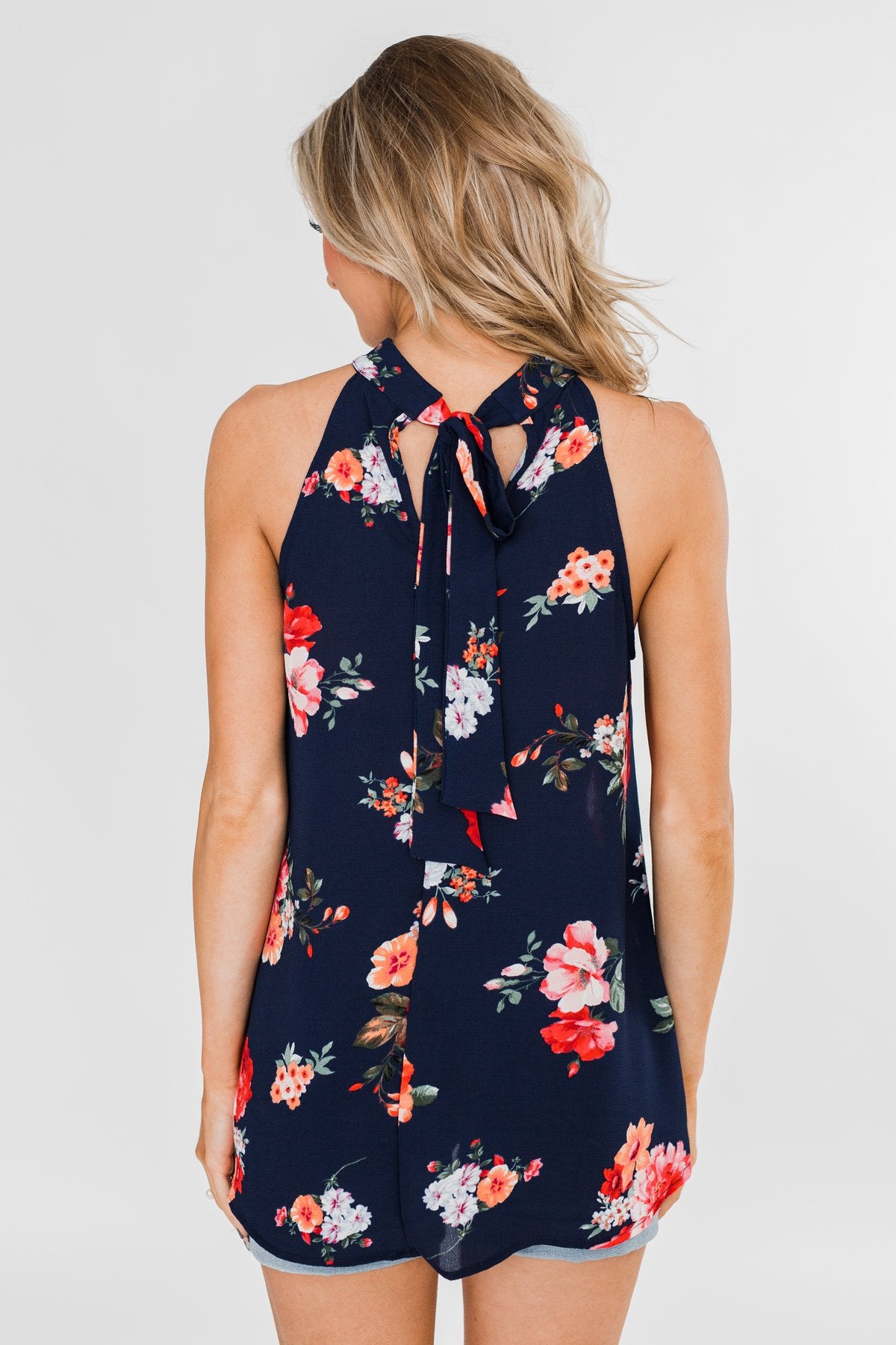 Flourish in Floral Halter Tank Top- Navy