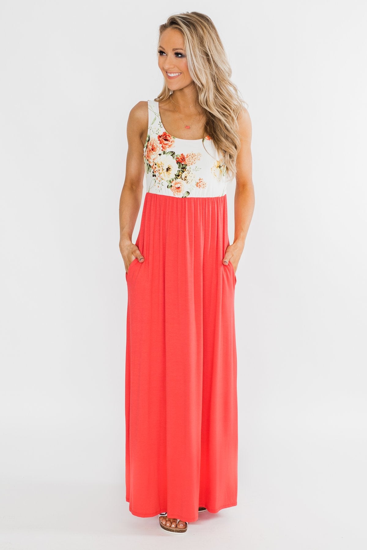 There She Goes Again Floral Maxi Dress- Vibrant Coral