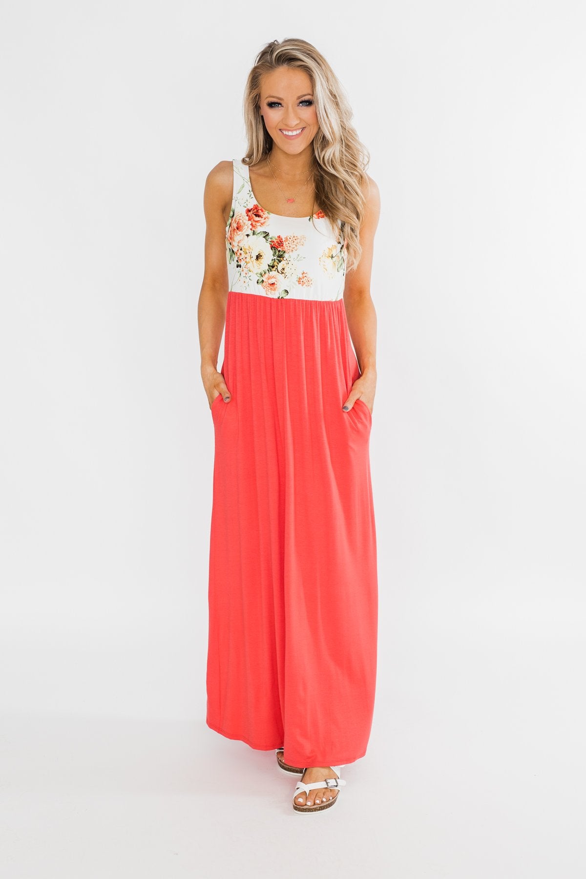 There She Goes Again Floral Maxi Dress- Vibrant Coral