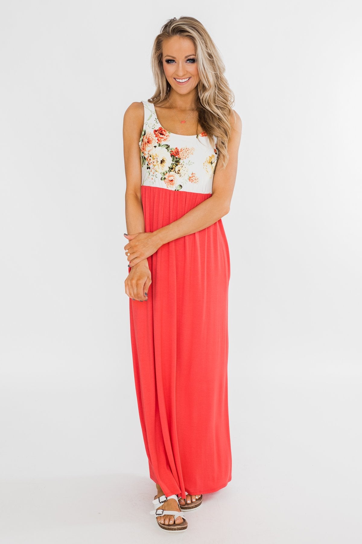 There She Goes Again Floral Maxi Dress- Vibrant Coral