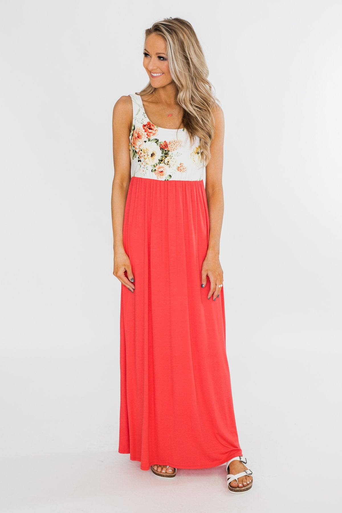 There She Goes Again Floral Maxi Dress- Vibrant Coral
