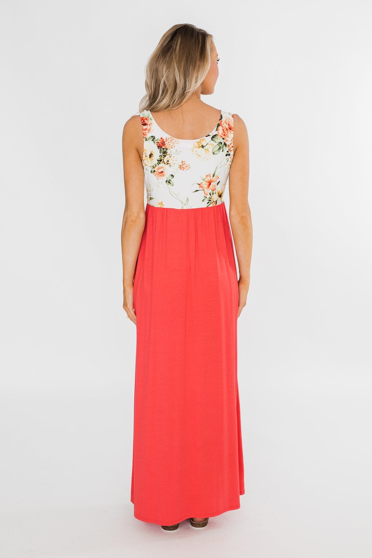 There She Goes Again Floral Maxi Dress- Vibrant Coral
