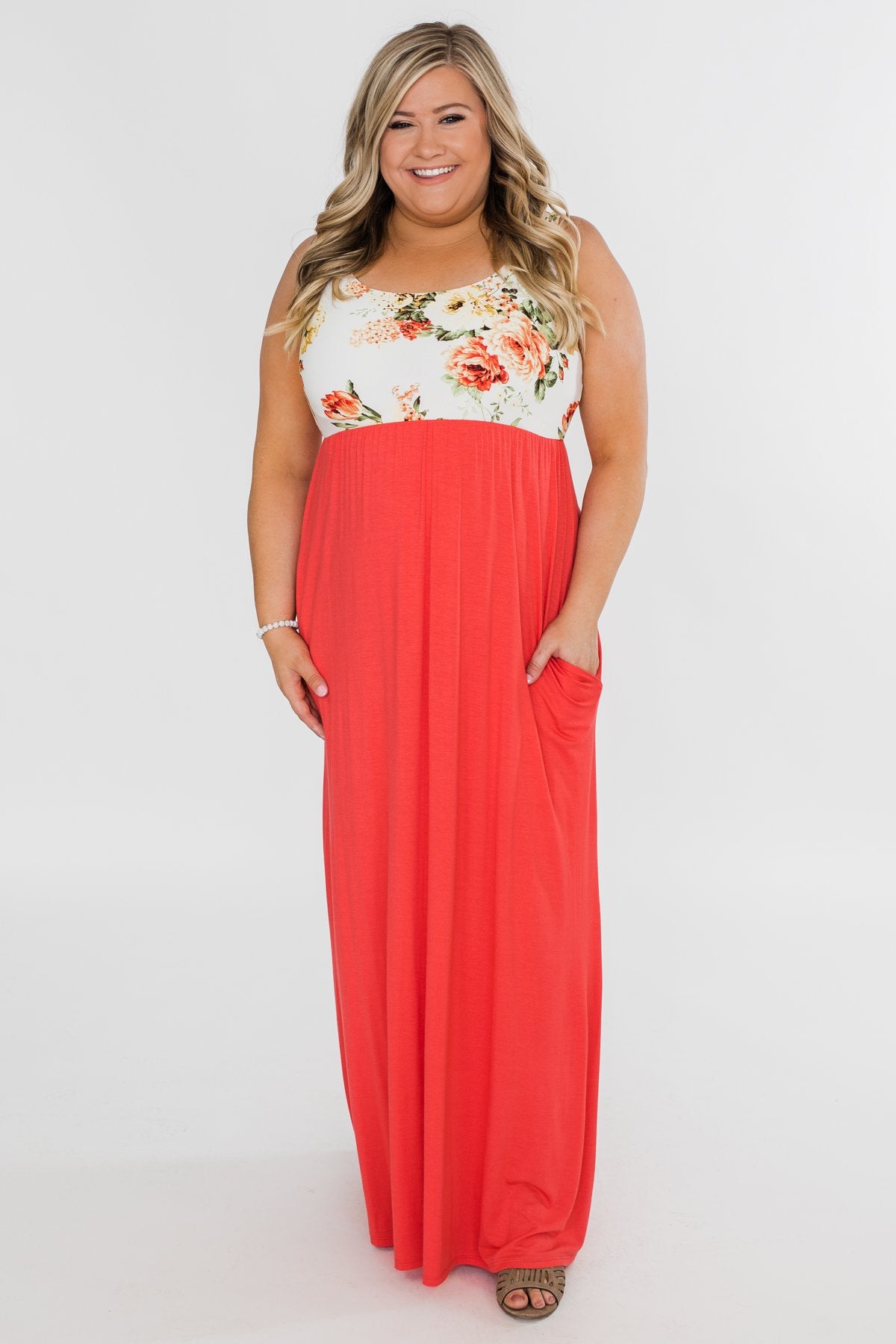 There She Goes Again Floral Maxi Dress- Vibrant Coral