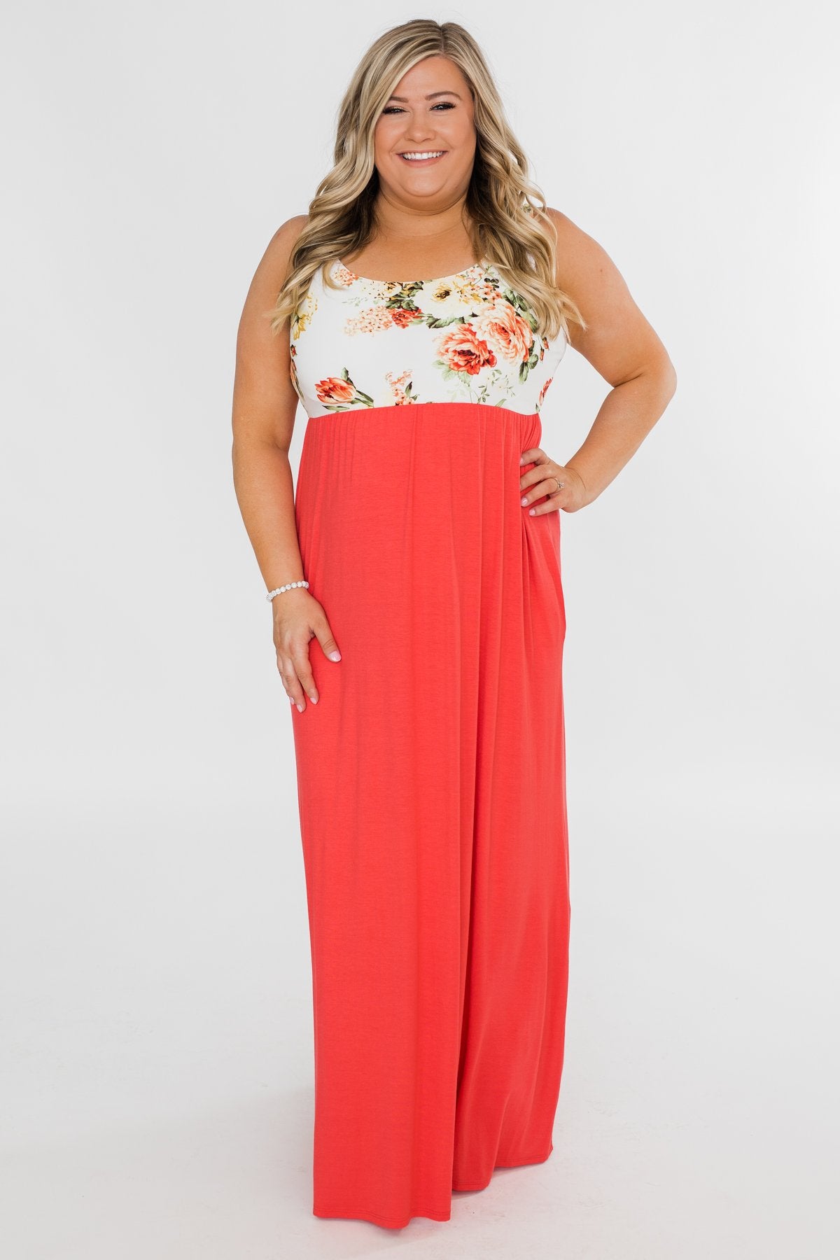 There She Goes Again Floral Maxi Dress- Vibrant Coral