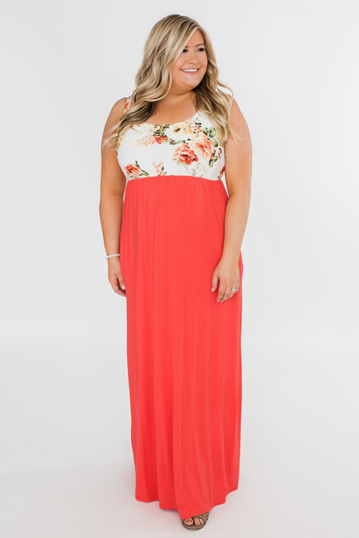 There She Goes Again Floral Maxi Dress- Vibrant Coral