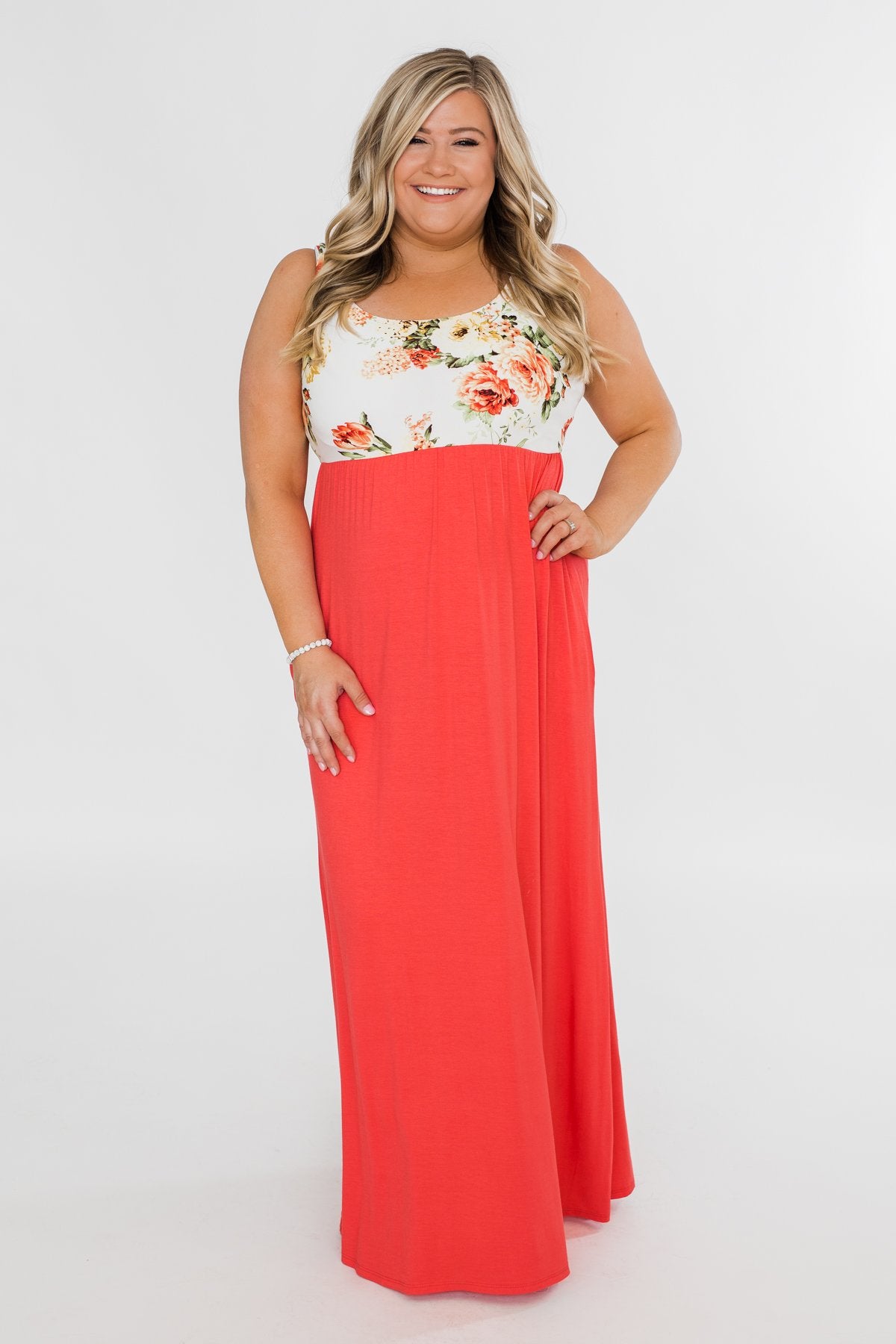 There She Goes Again Floral Maxi Dress- Vibrant Coral