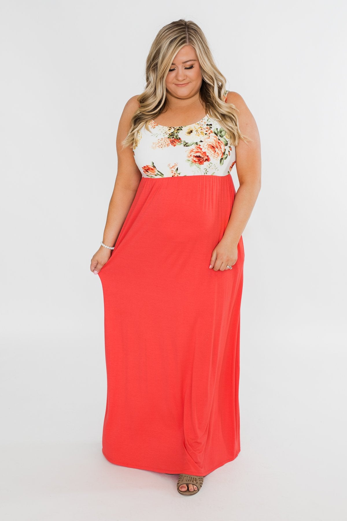 There She Goes Again Floral Maxi Dress- Vibrant Coral