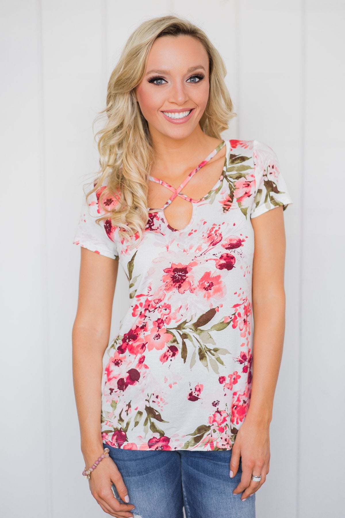 Floral All Day Criss-Cross Top- Ivory