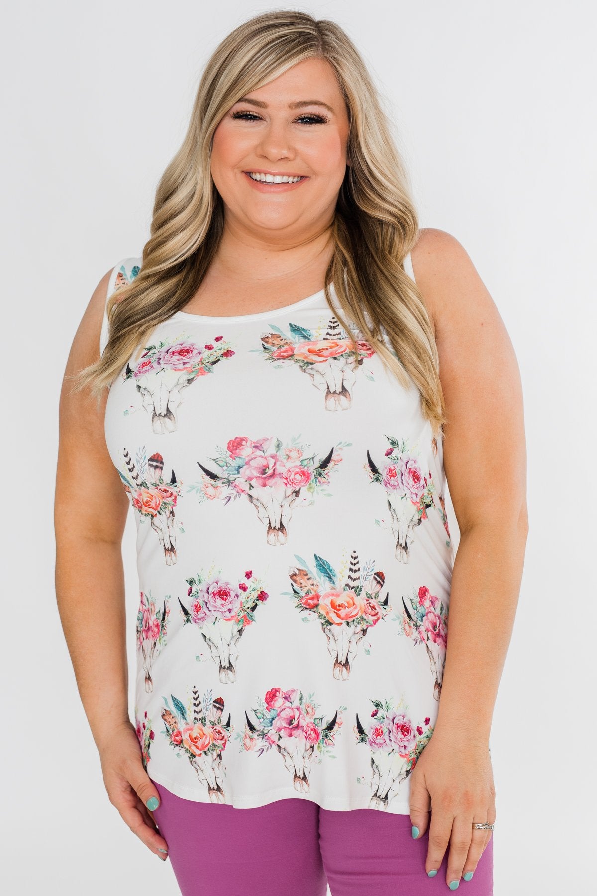 Floral Skull Tank Top- White