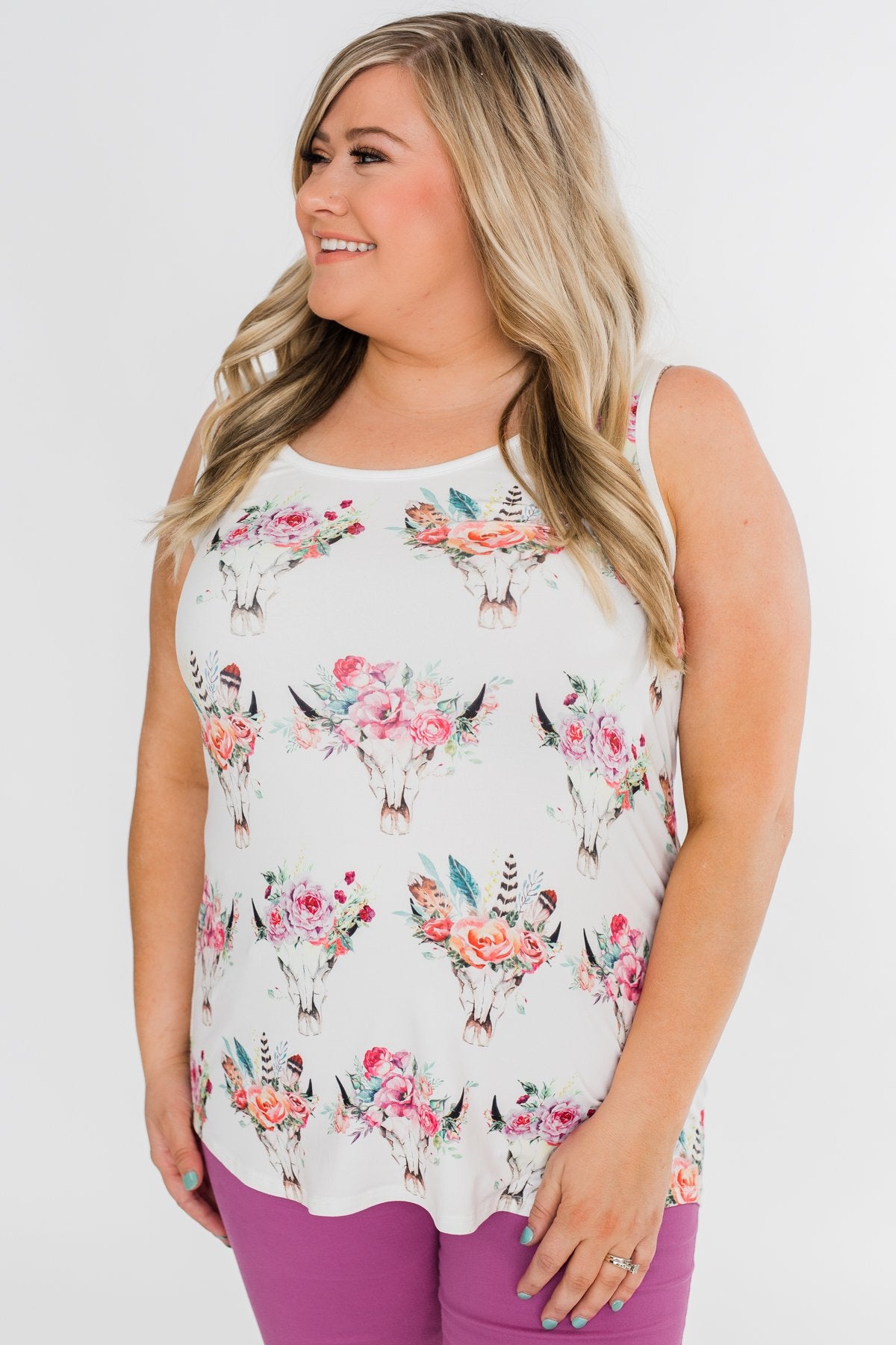 Floral Skull Tank Top- White