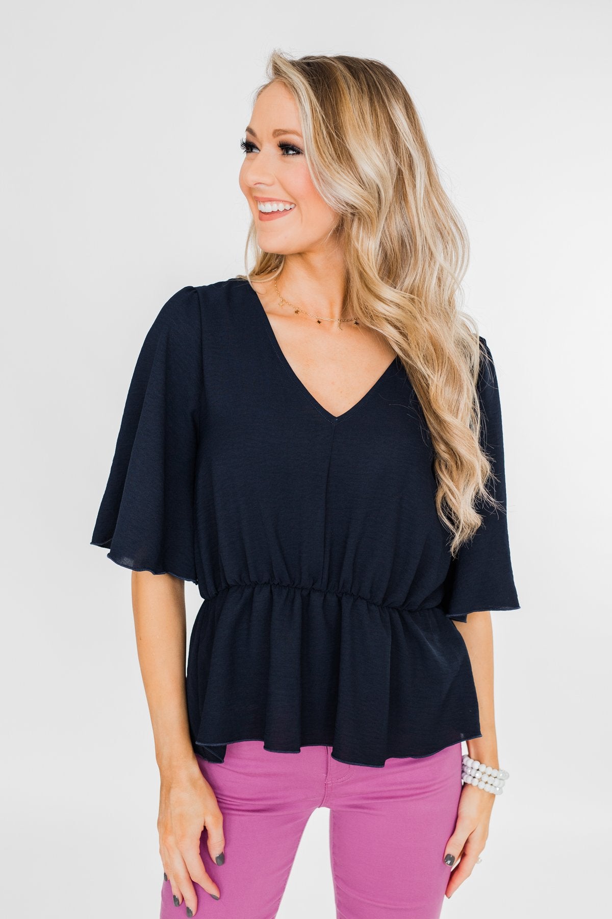 Hold You Tight Cinched Waist Blouse- Navy – The Pulse Boutique