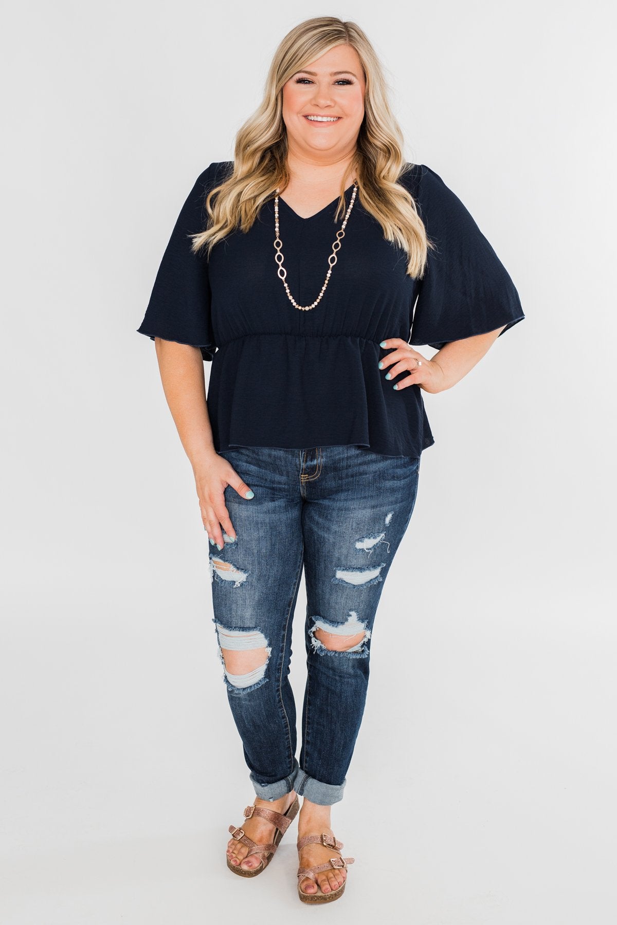 Hold You Tight Cinched Waist Blouse- Navy