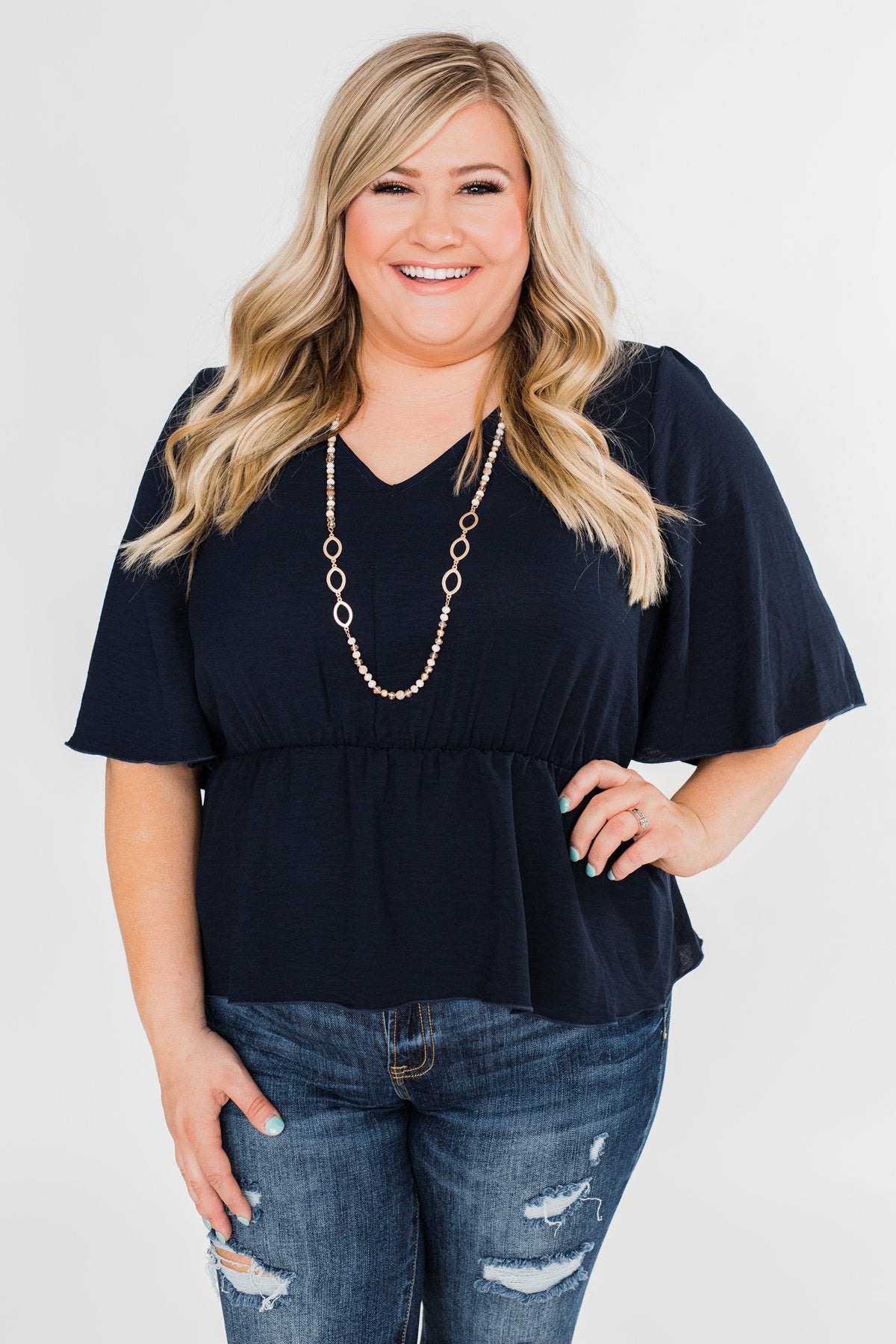 Hold You Tight Cinched Waist Blouse- Navy