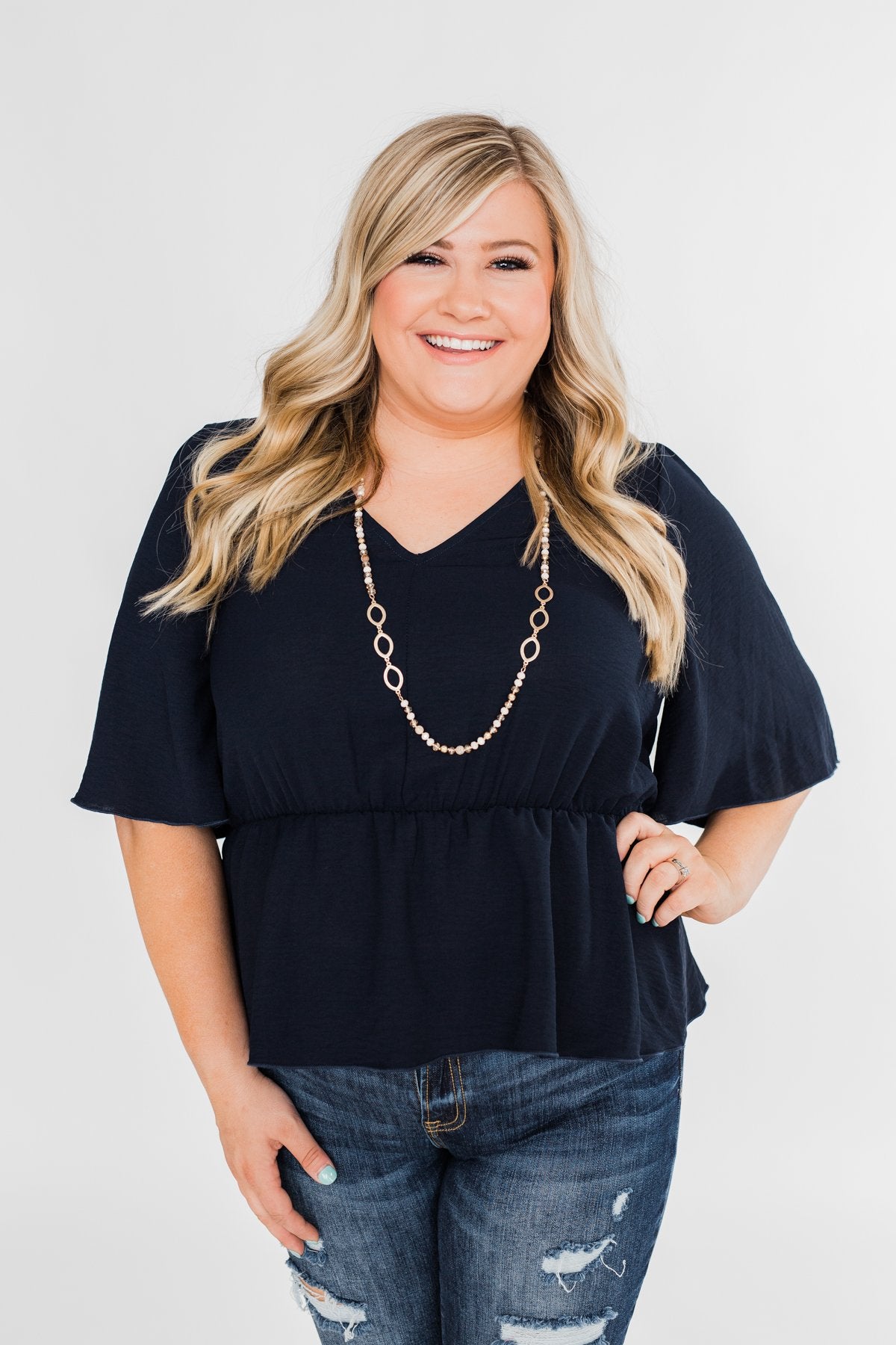 Hold You Tight Cinched Waist Blouse- Navy