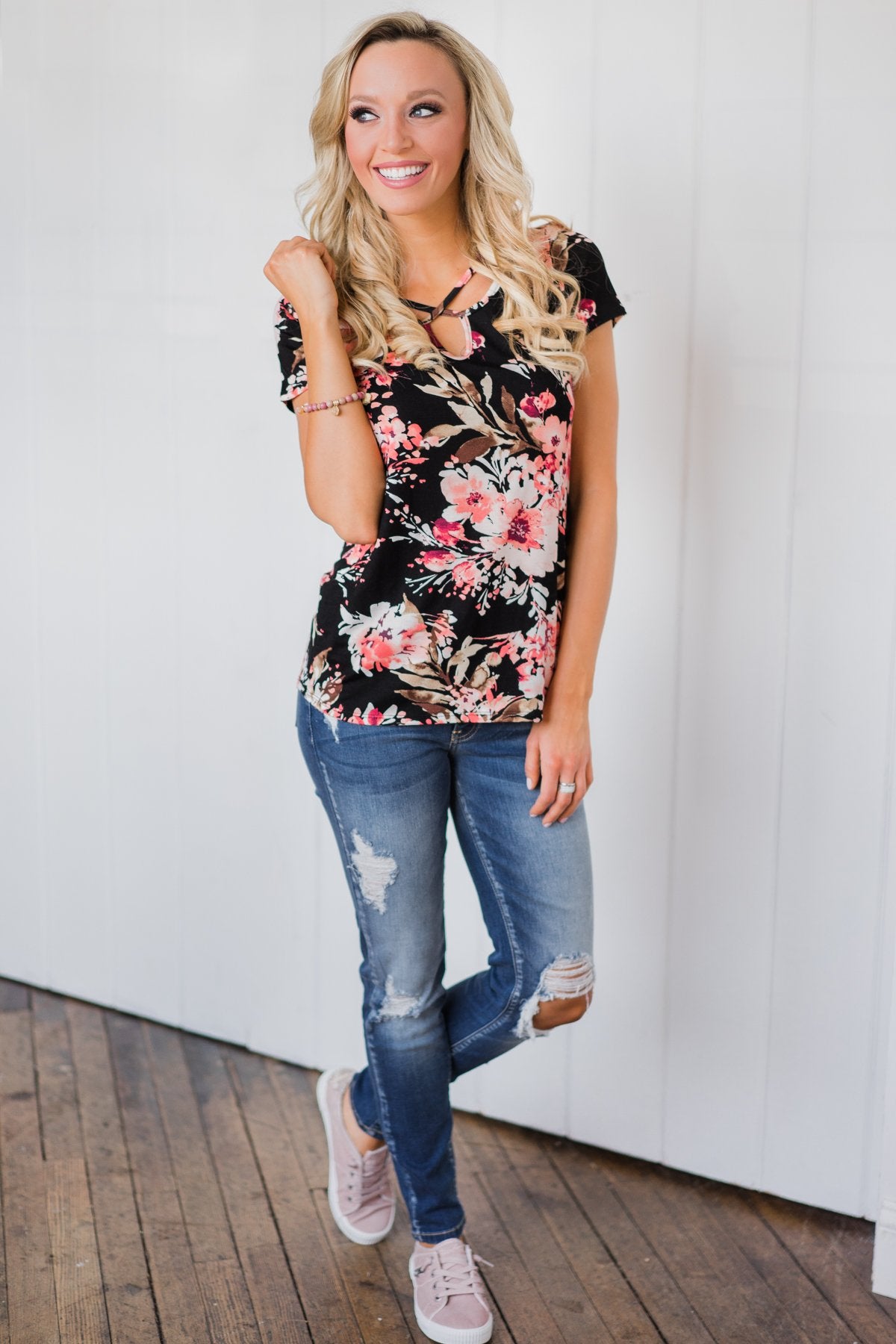 Floral All Day Criss-Cross Top- Black