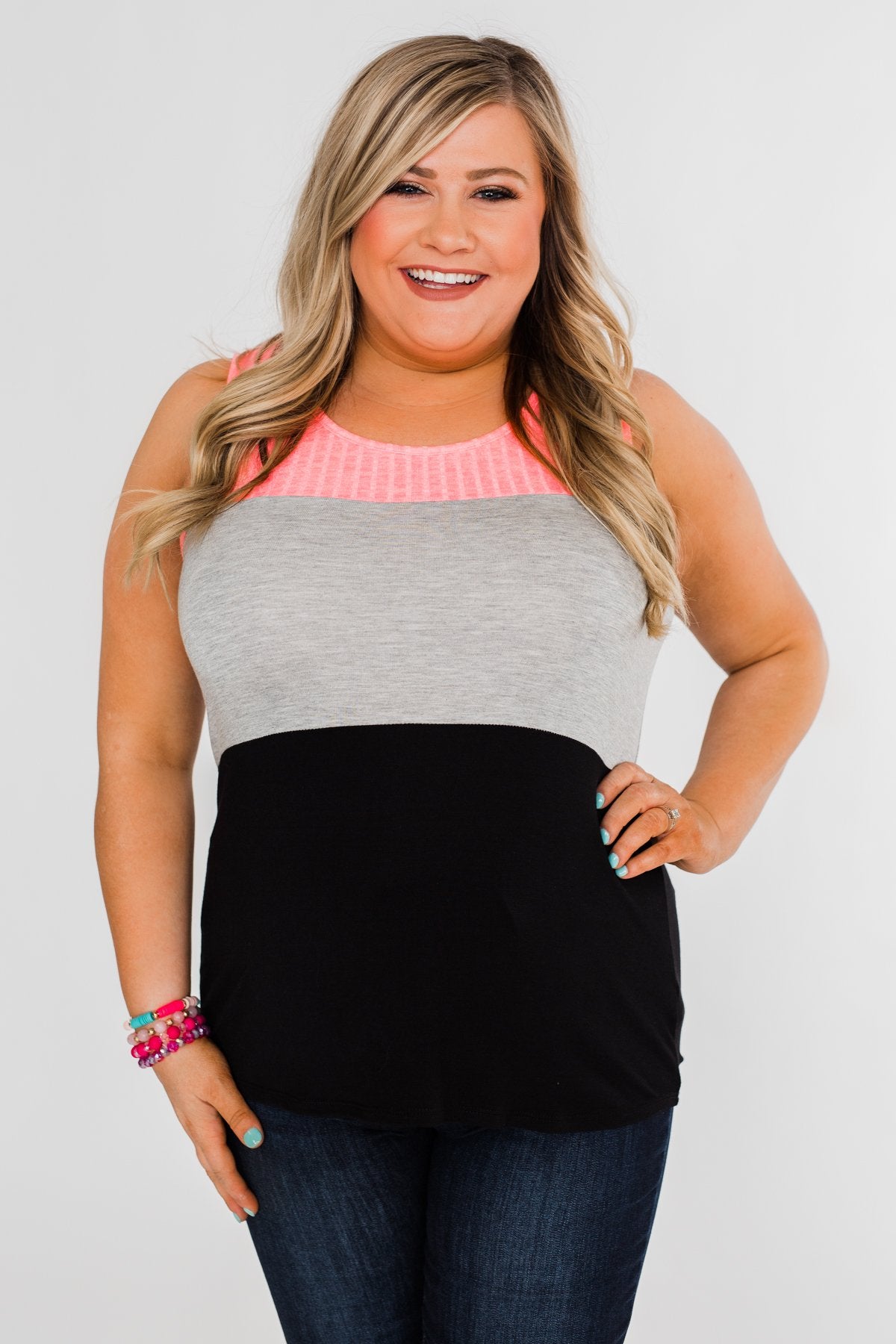 Start Today Color Block Tank Top- Neon Pink