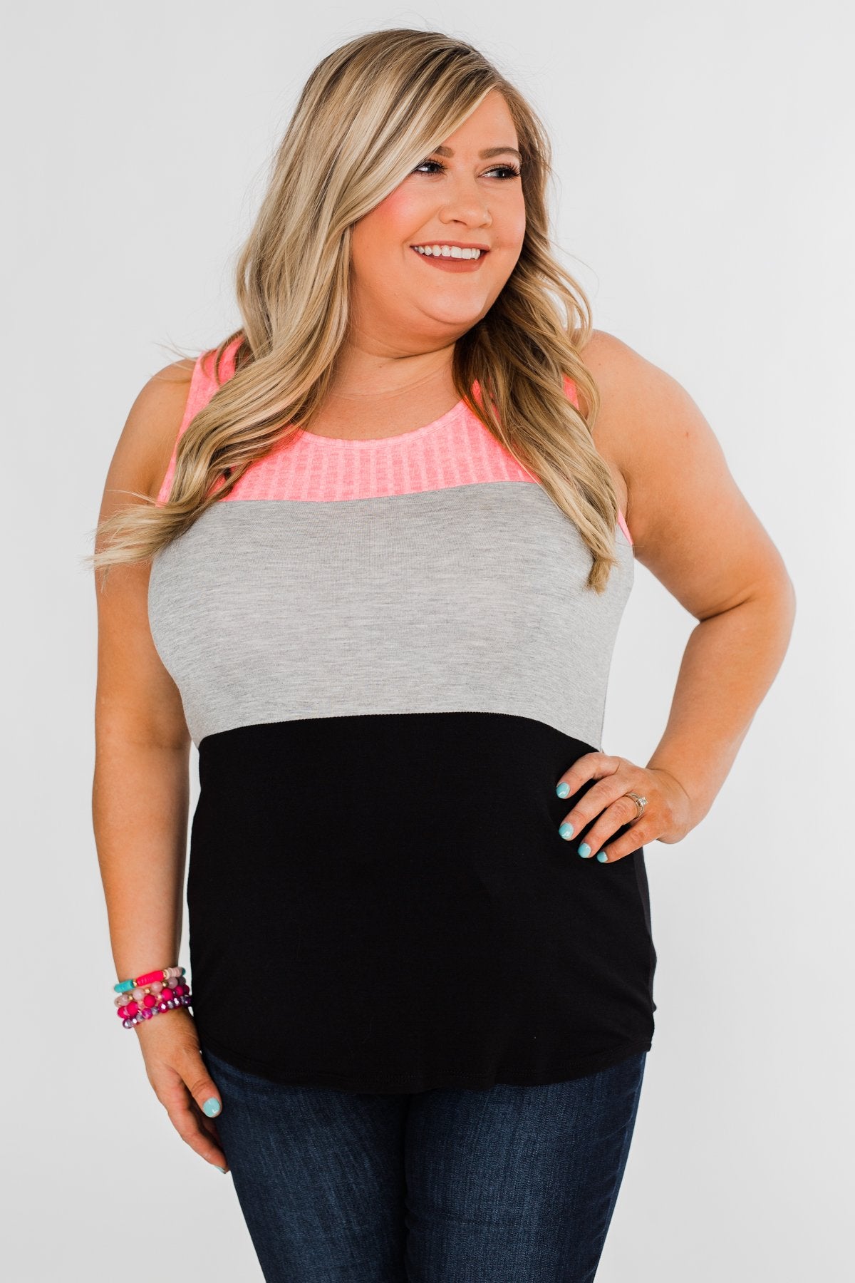 Start Today Color Block Tank Top- Neon Pink