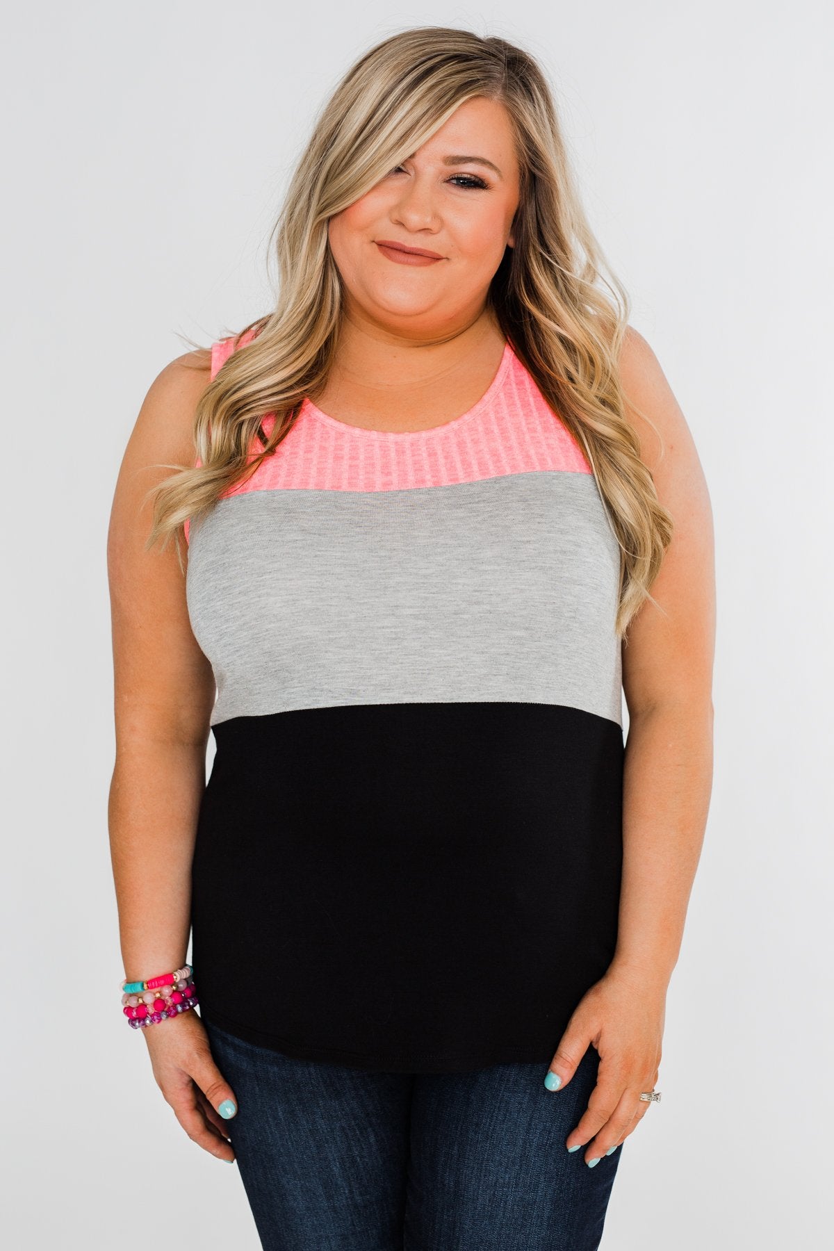 Start Today Color Block Tank Top- Neon Pink