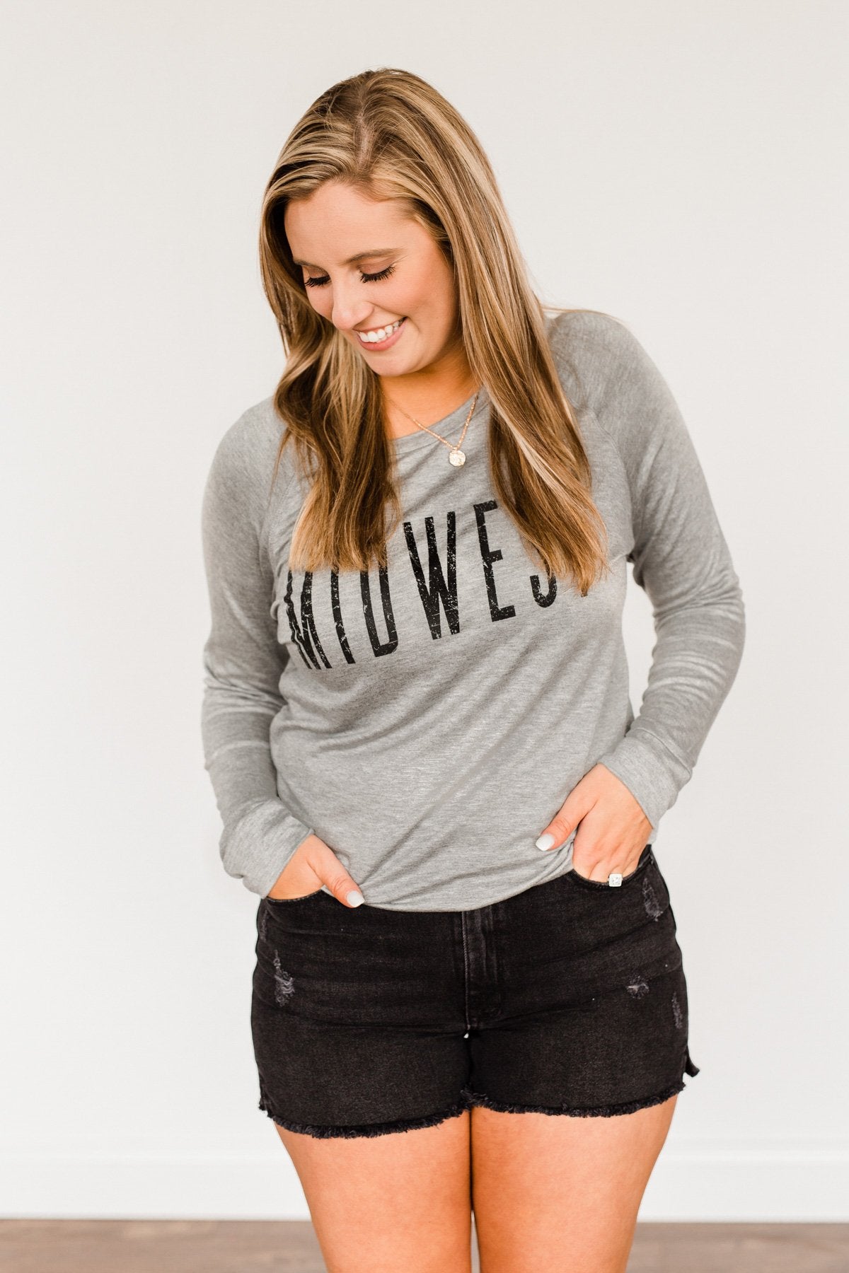 "Midwest" Long Sleeve Graphic Top- Grey