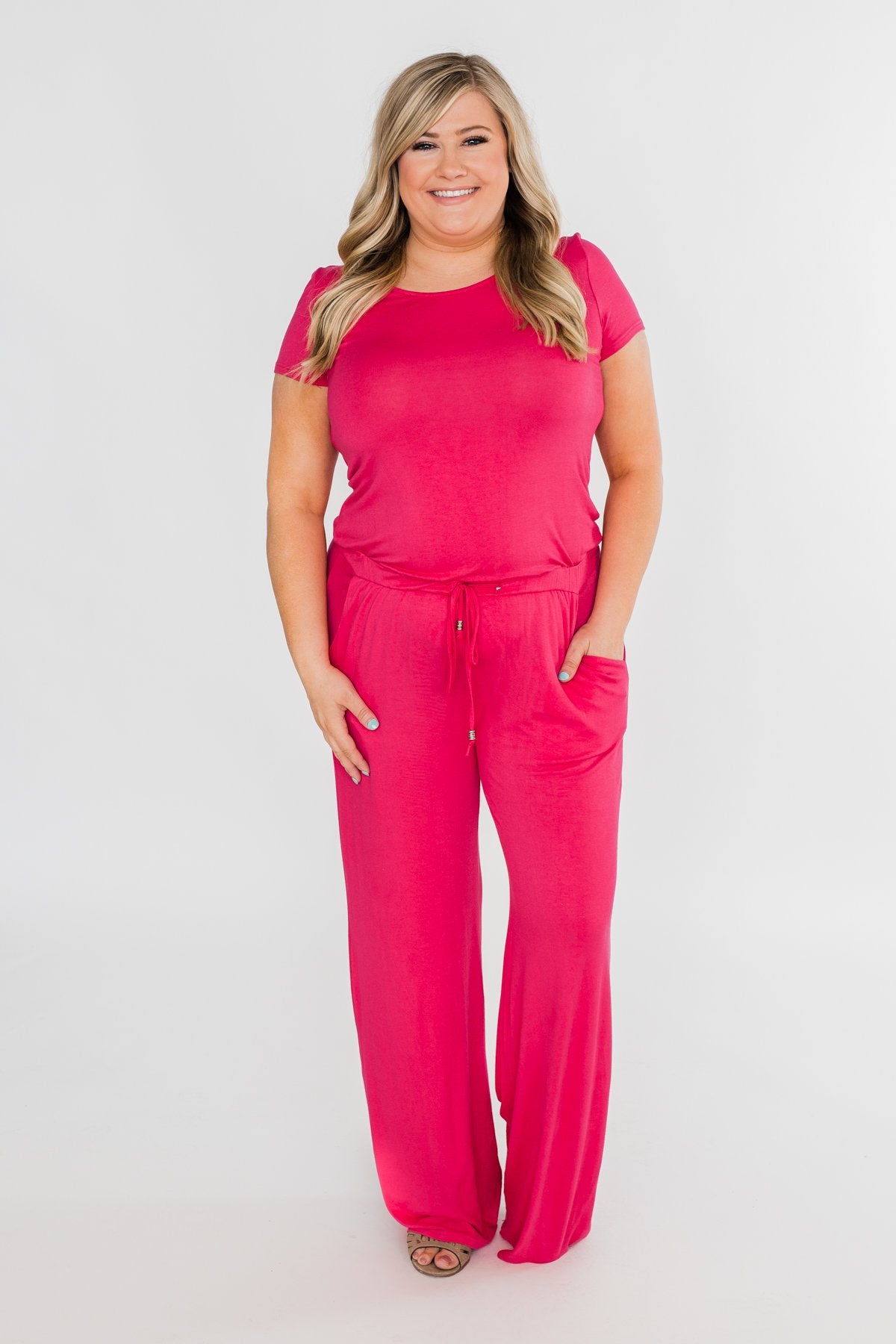 Short Sleeve Drawstring Jumpsuit- Fuchsia