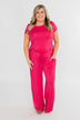 Short Sleeve Drawstring Jumpsuit- Fuchsia