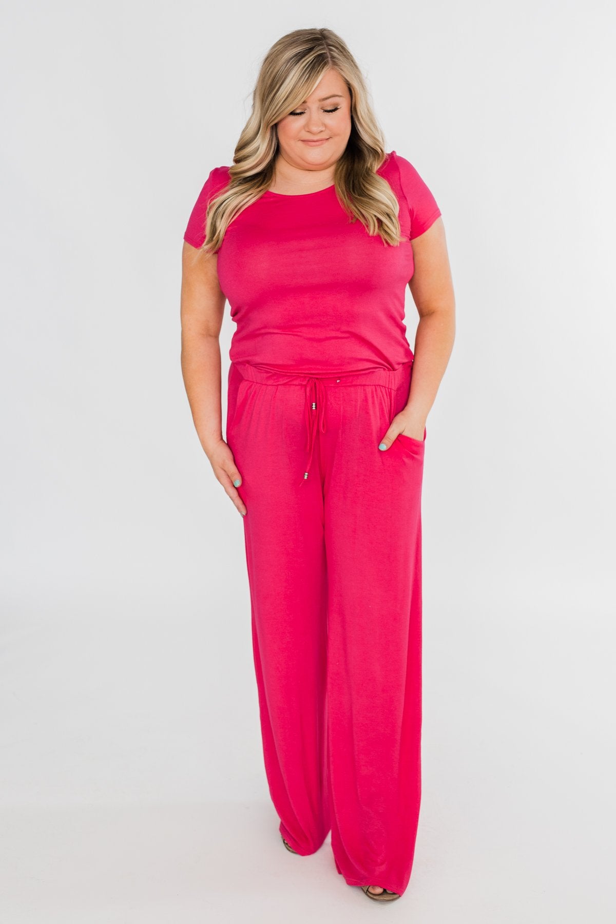 Short Sleeve Drawstring Jumpsuit- Fuchsia