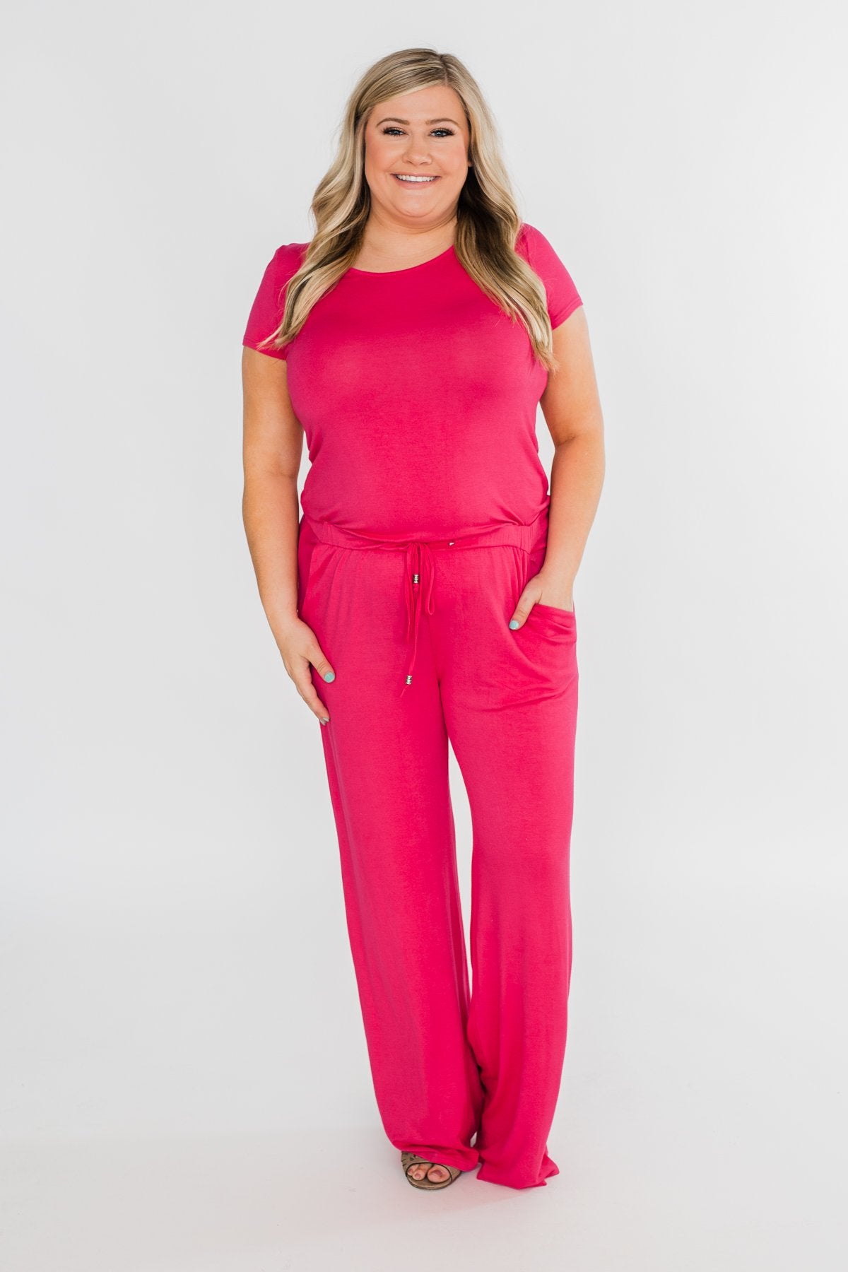 Short Sleeve Drawstring Jumpsuit- Fuchsia