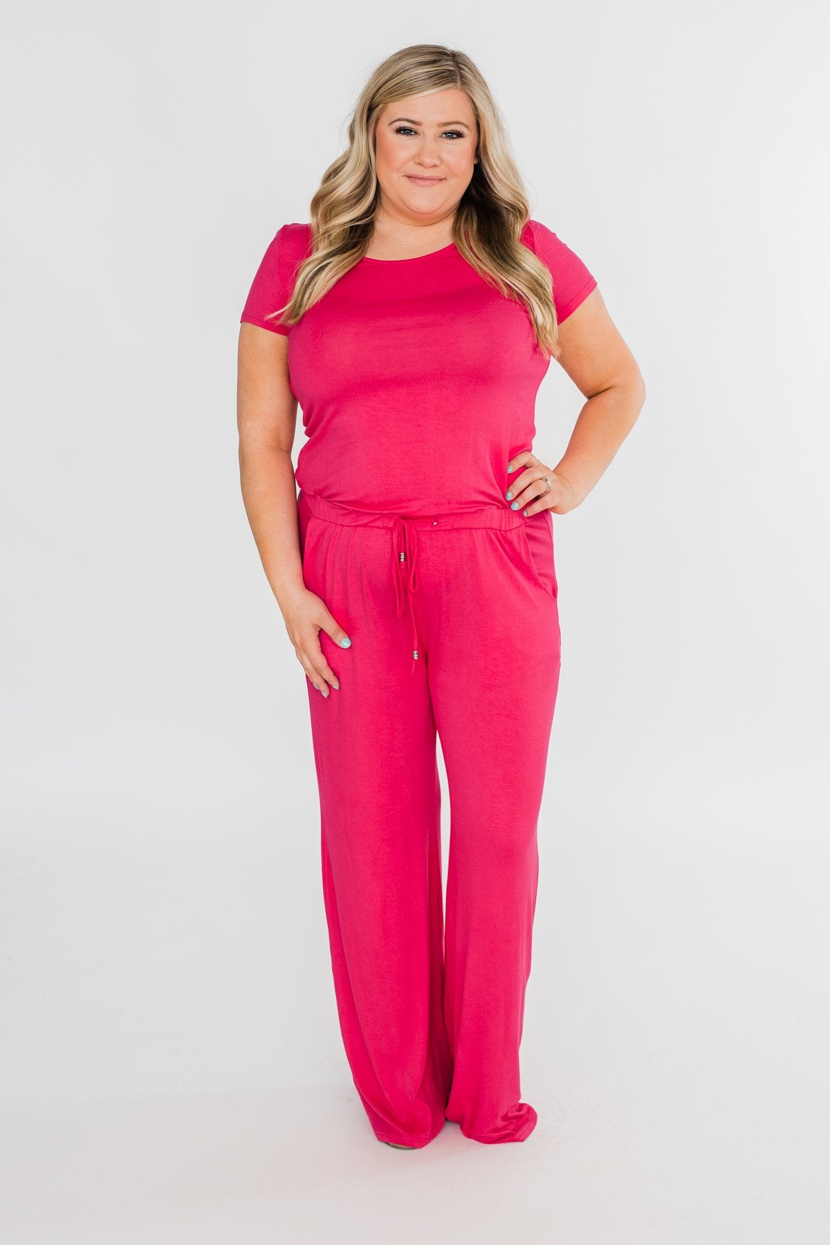 Short Sleeve Drawstring Jumpsuit- Fuchsia