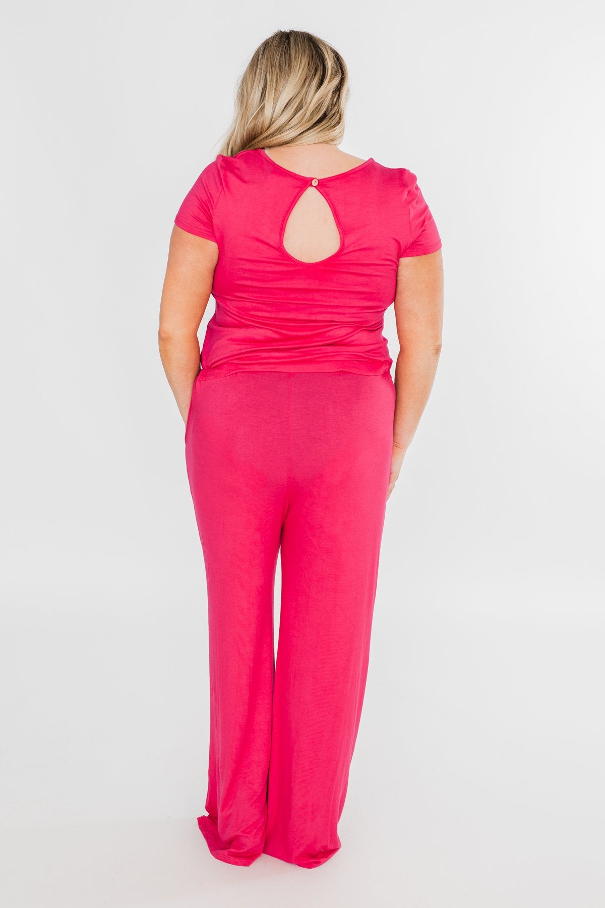 Short Sleeve Drawstring Jumpsuit- Fuchsia