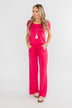 Short Sleeve Drawstring Jumpsuit- Fuchsia
