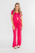 Short Sleeve Drawstring Jumpsuit- Fuchsia